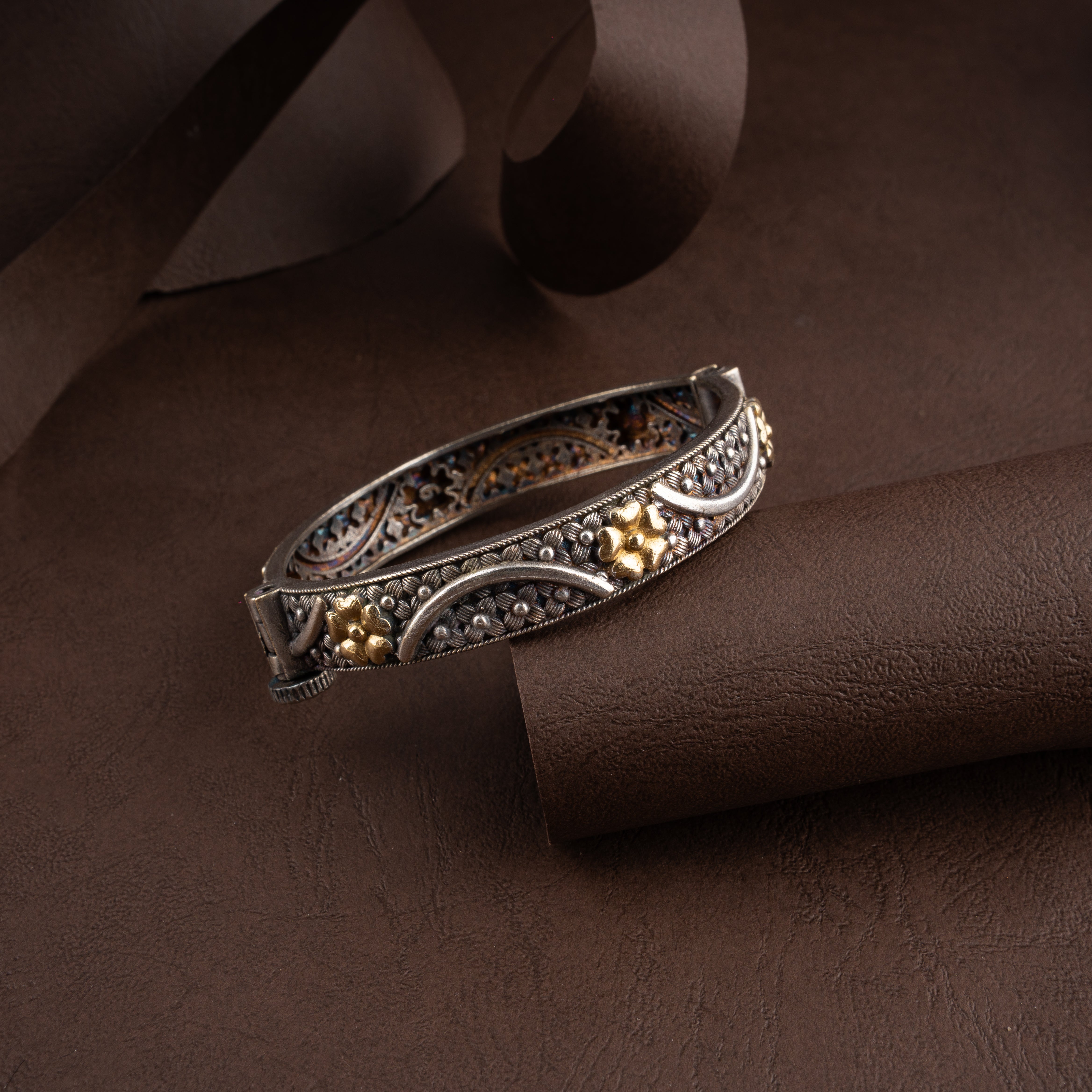 Oxidised Floral Dual-Tone Antique Hinged Kada Bangle Bracelet