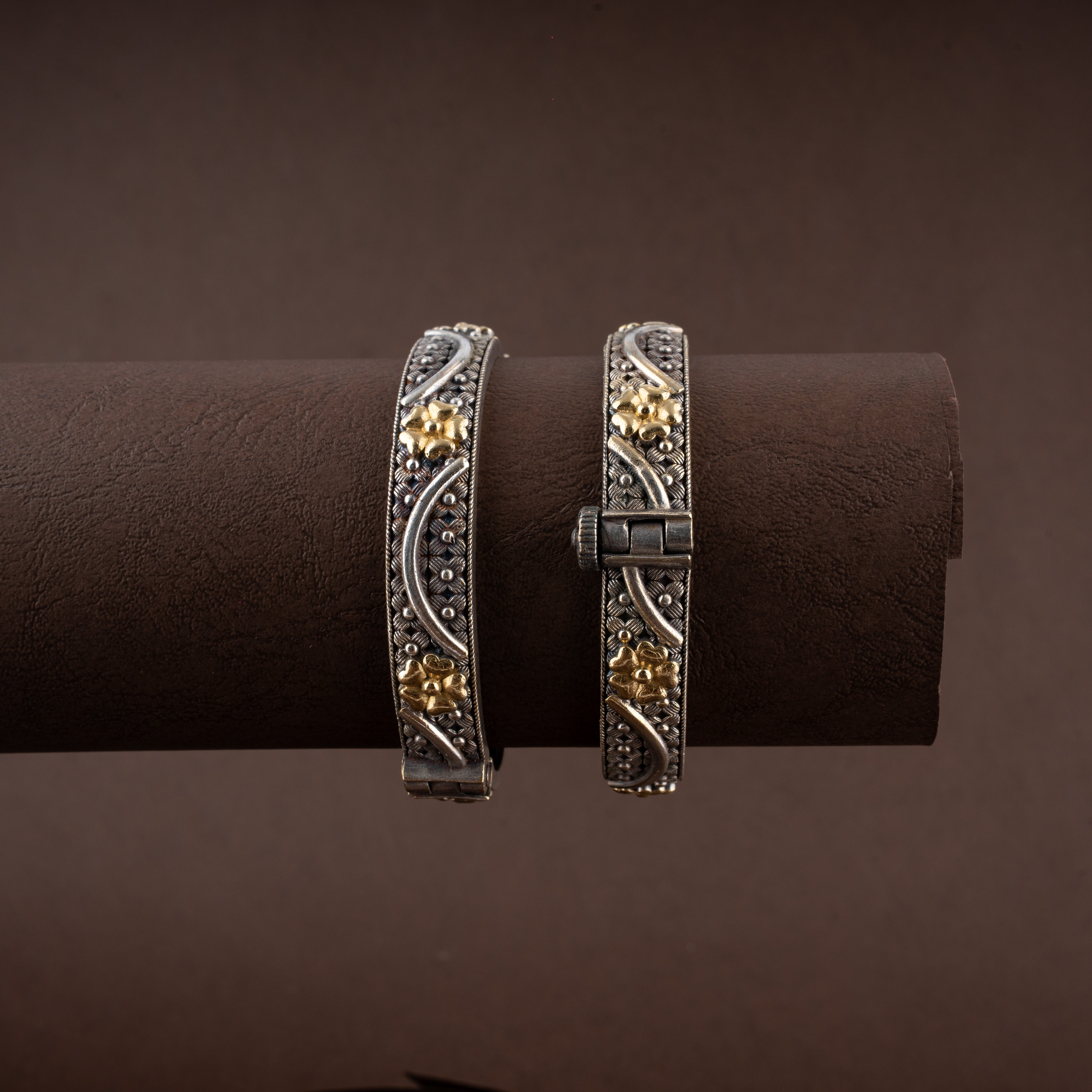 Oxidised Floral Dual-Tone Antique Hinged Kada Bangle Bracelet