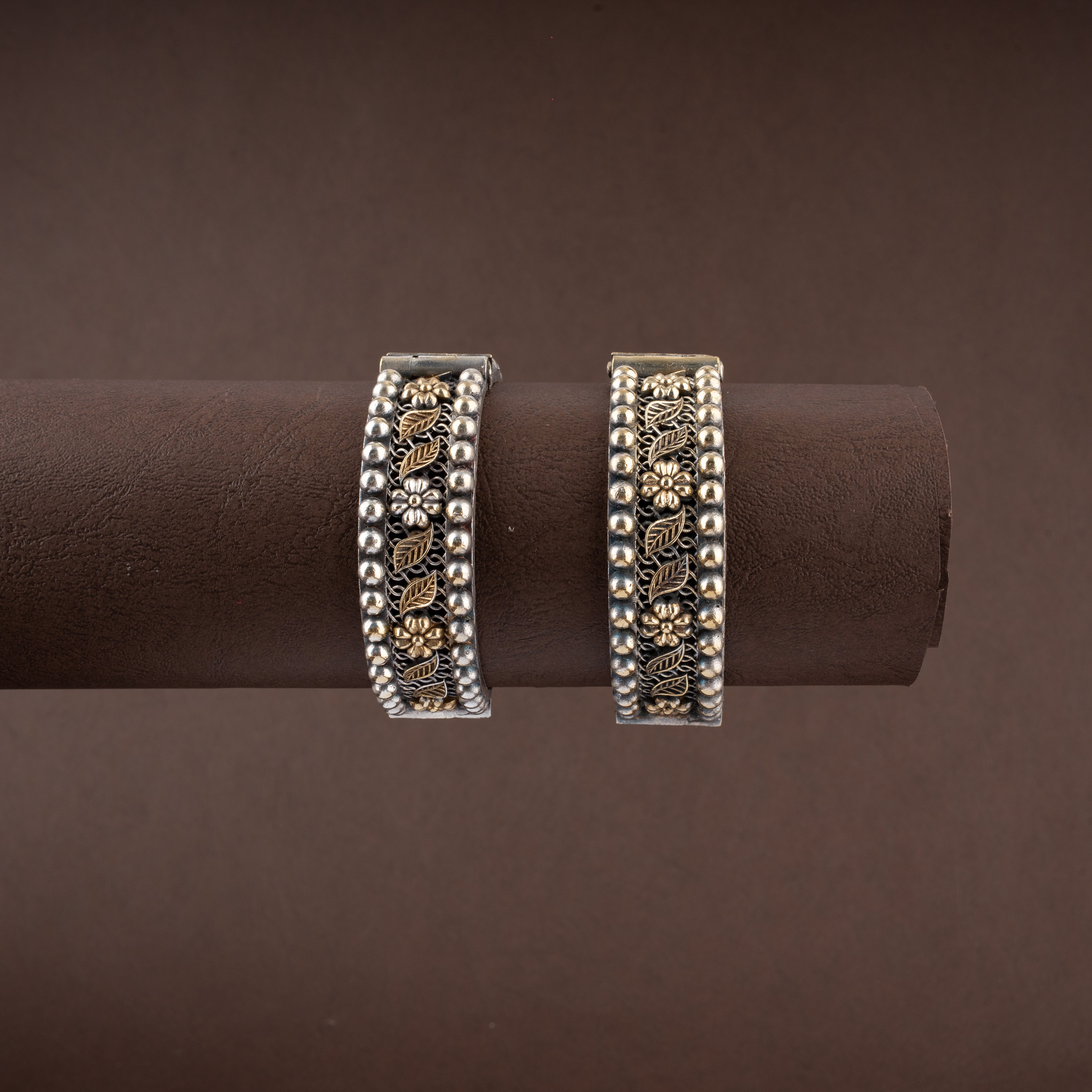 Dual-Tone Antique Floral Filigree Beaded Broad Bangle Set