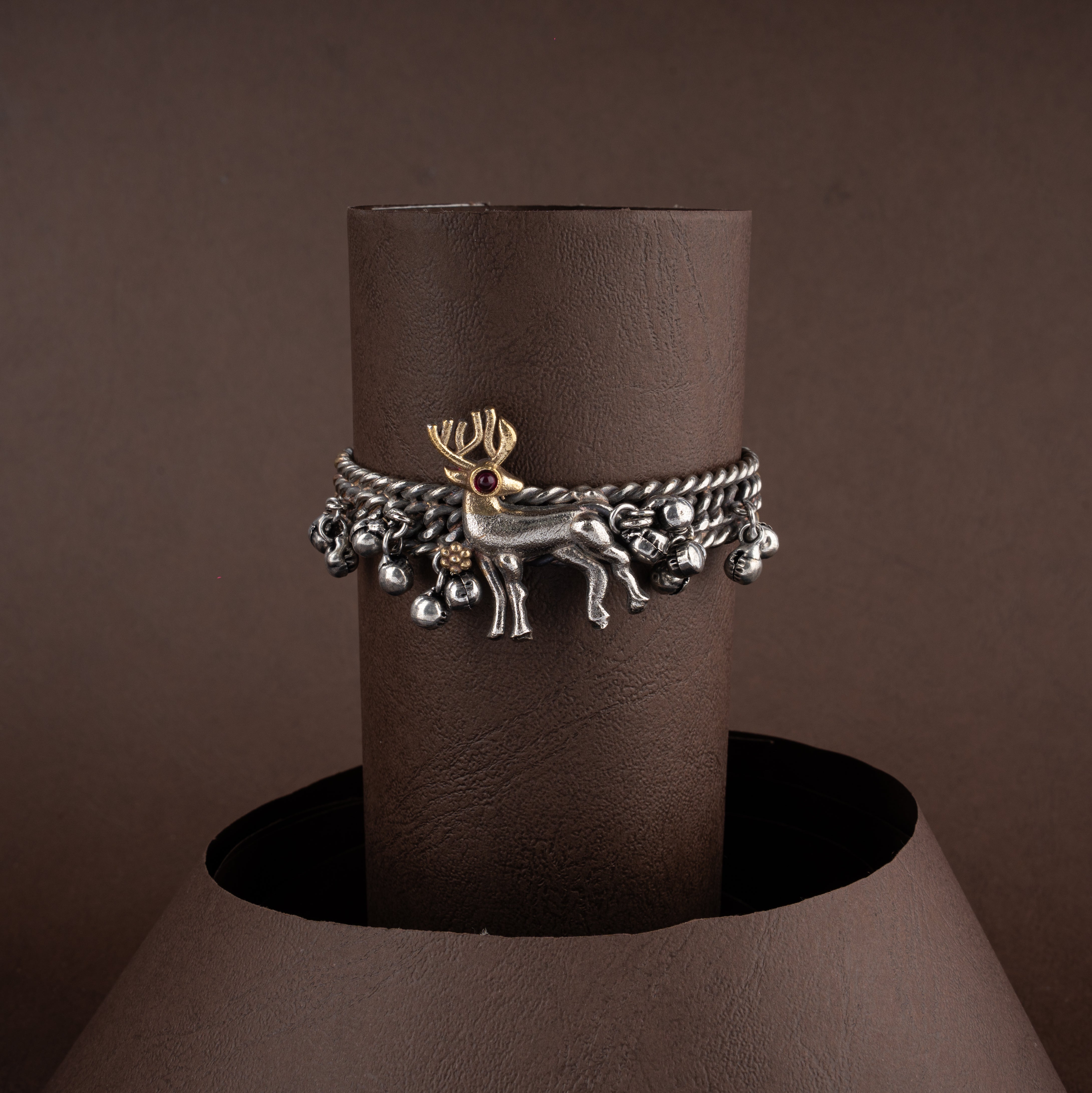Oxidised Dual-Tone Deer Motif Kada Bangle Bracelet