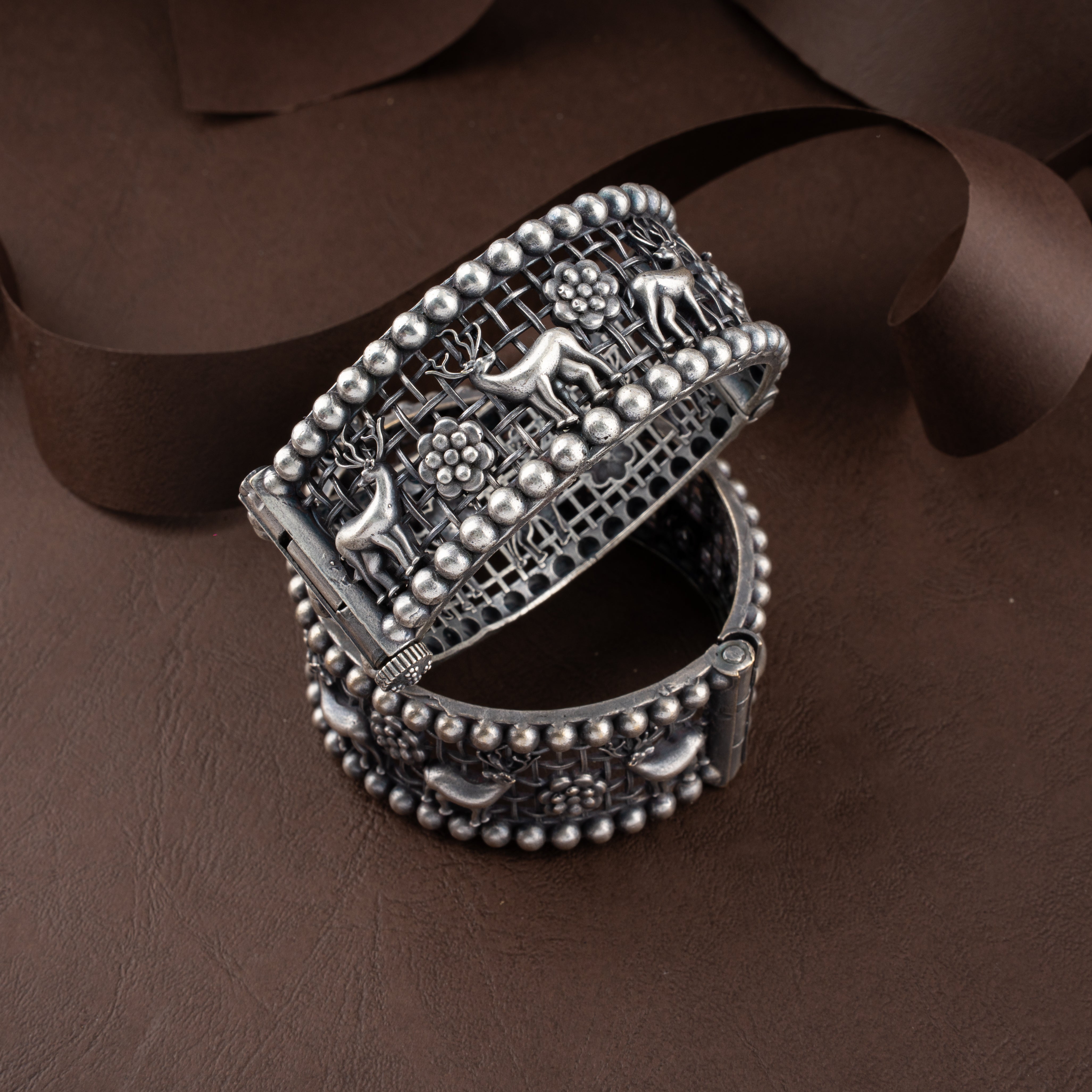 Antique Oxidized Silver Deer Motif Wide Bracelets