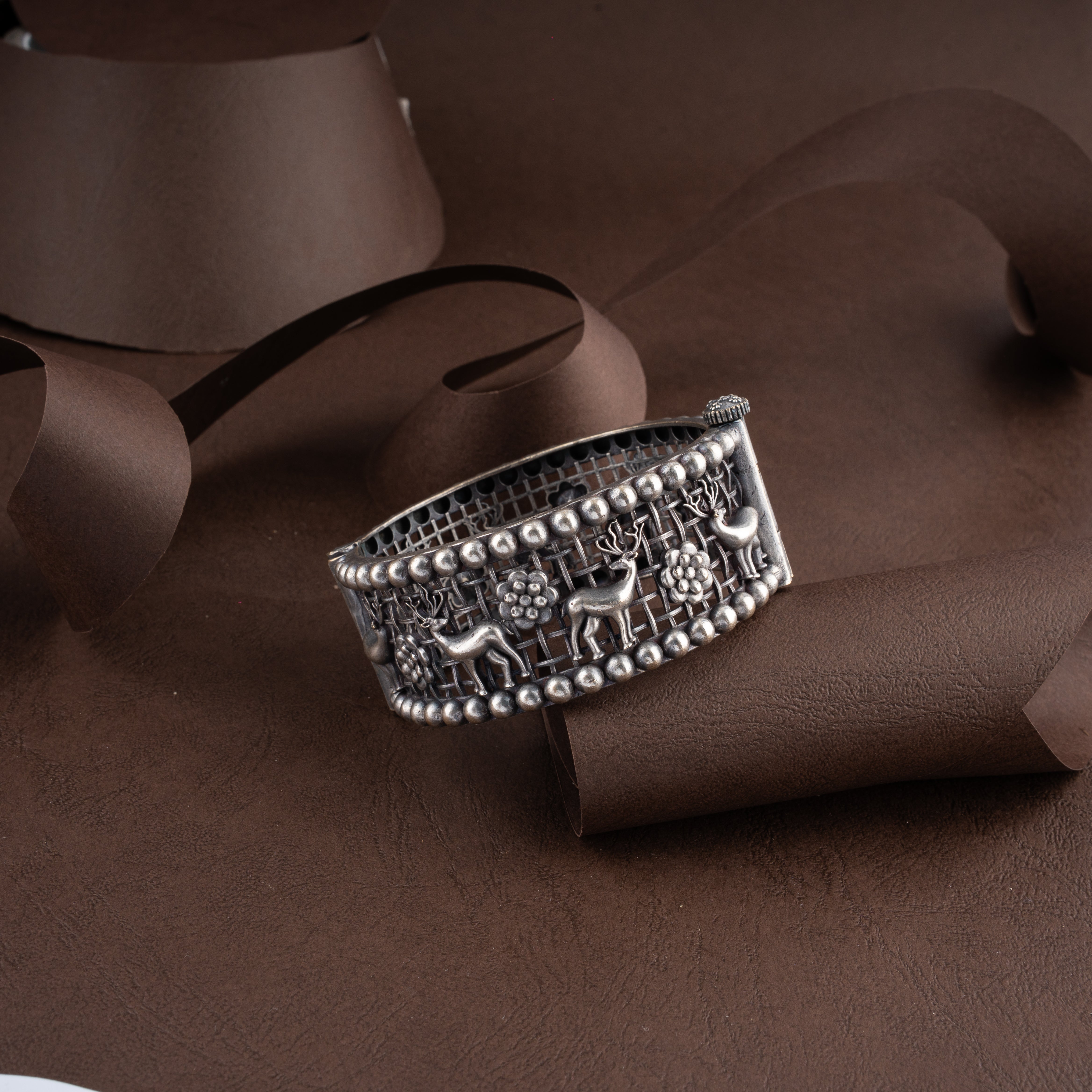 Antique Oxidized Silver Deer Motif Wide Bracelets