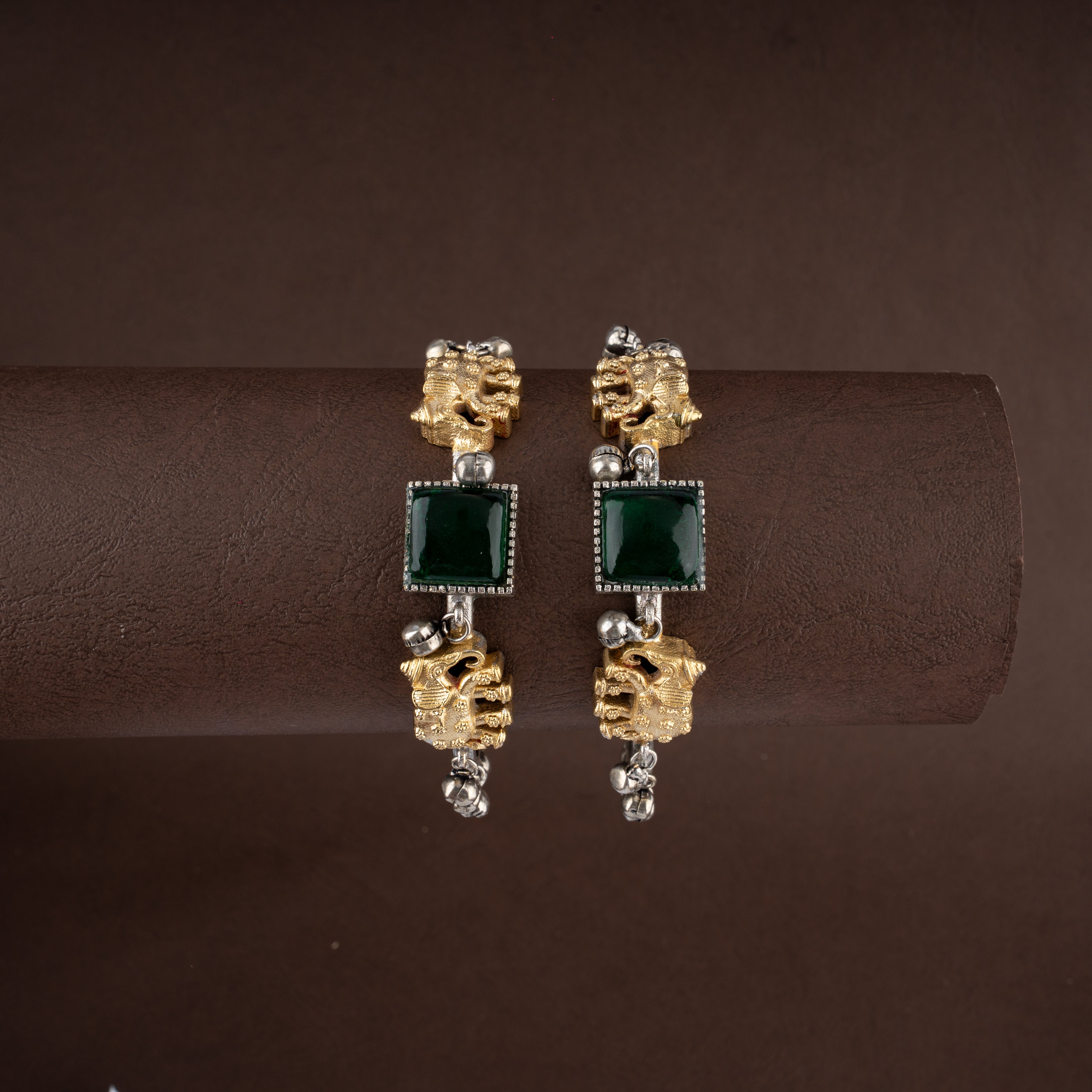 Dual-Tone Elephant Motif Green Stone Open Cuff Bracelet