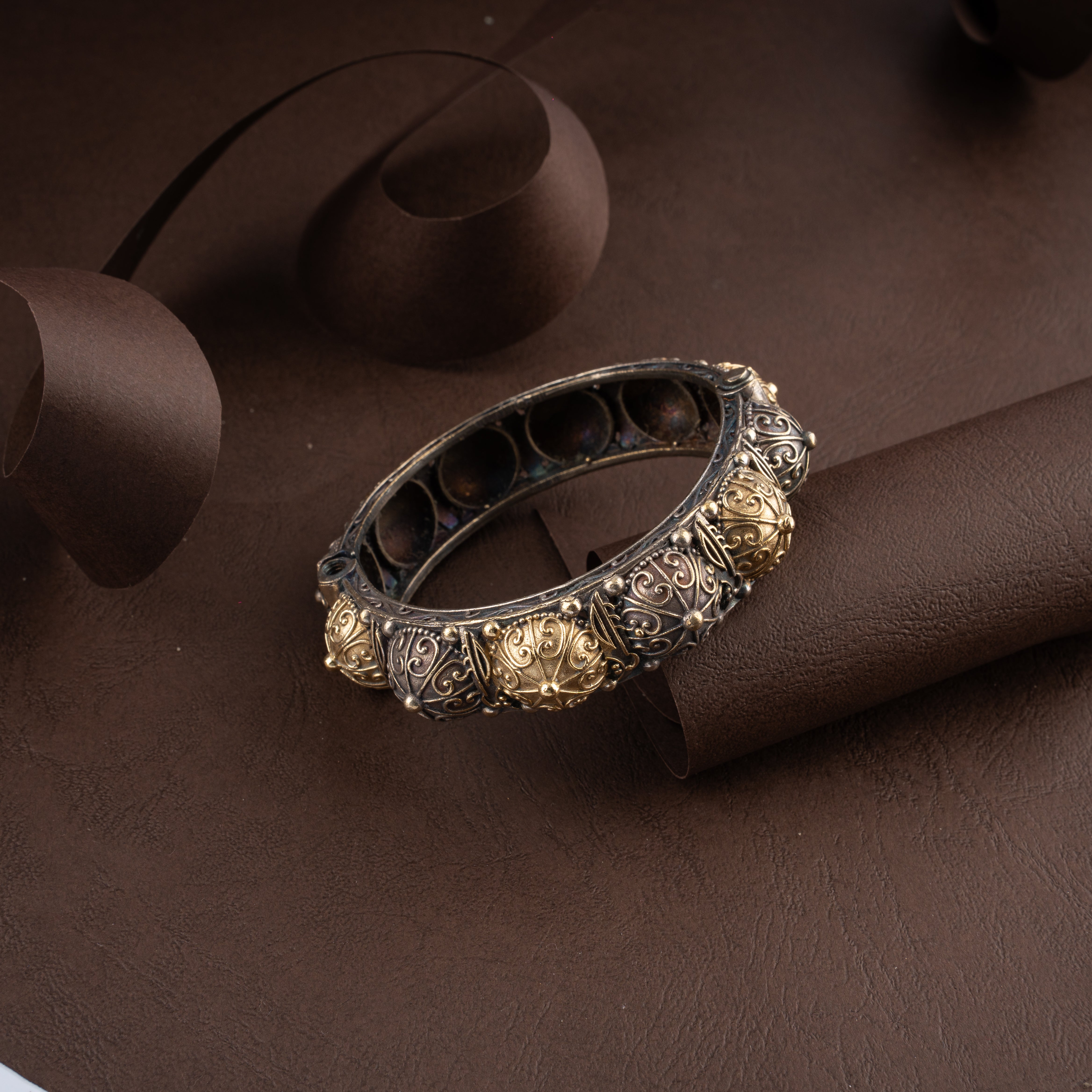 Dual-Tone Oxidised Silver Tribal Domed Spiked Hinged Kada Traditional Bracelet