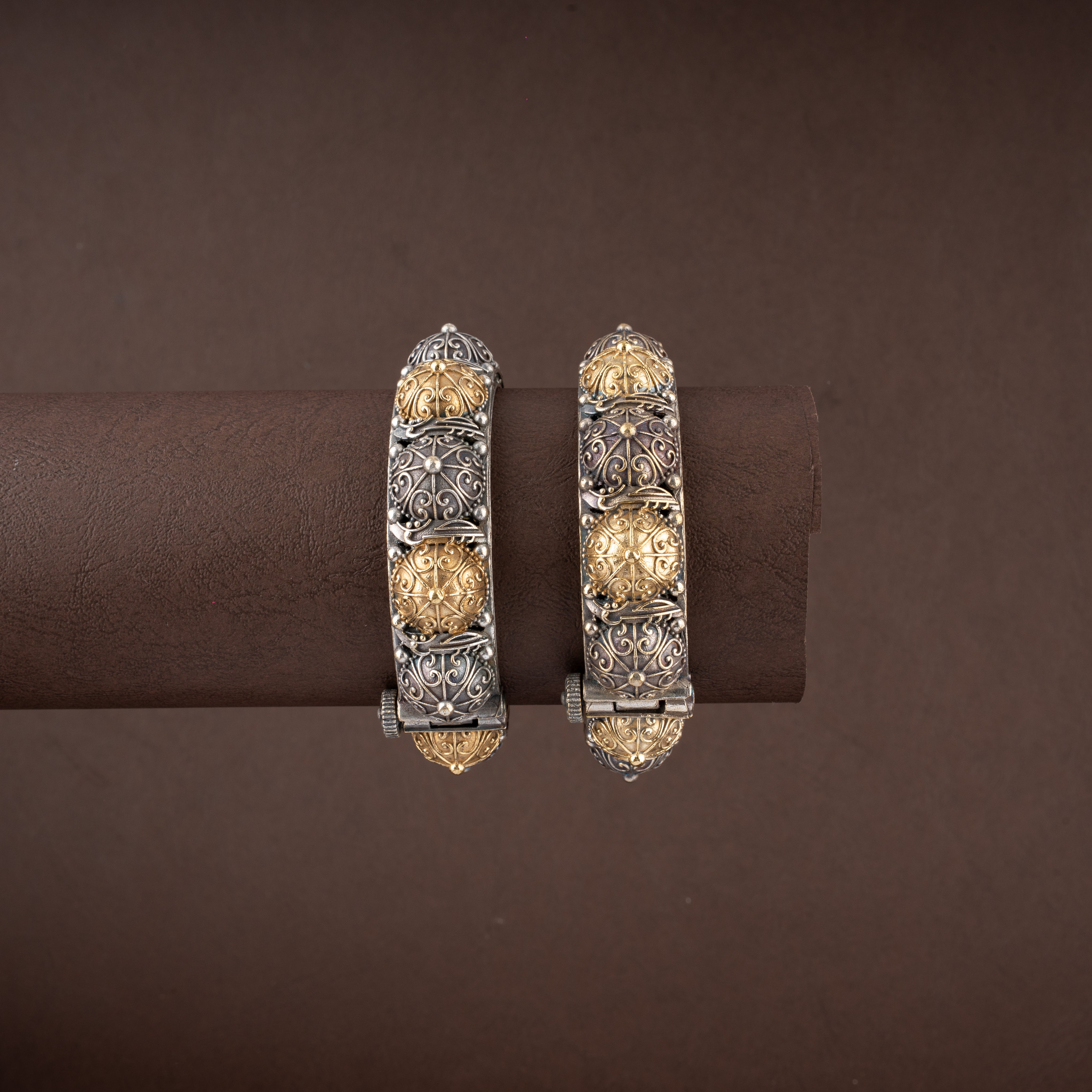 Dual-Tone Oxidised Silver Tribal Domed Spiked Hinged Kada Traditional Bracelet