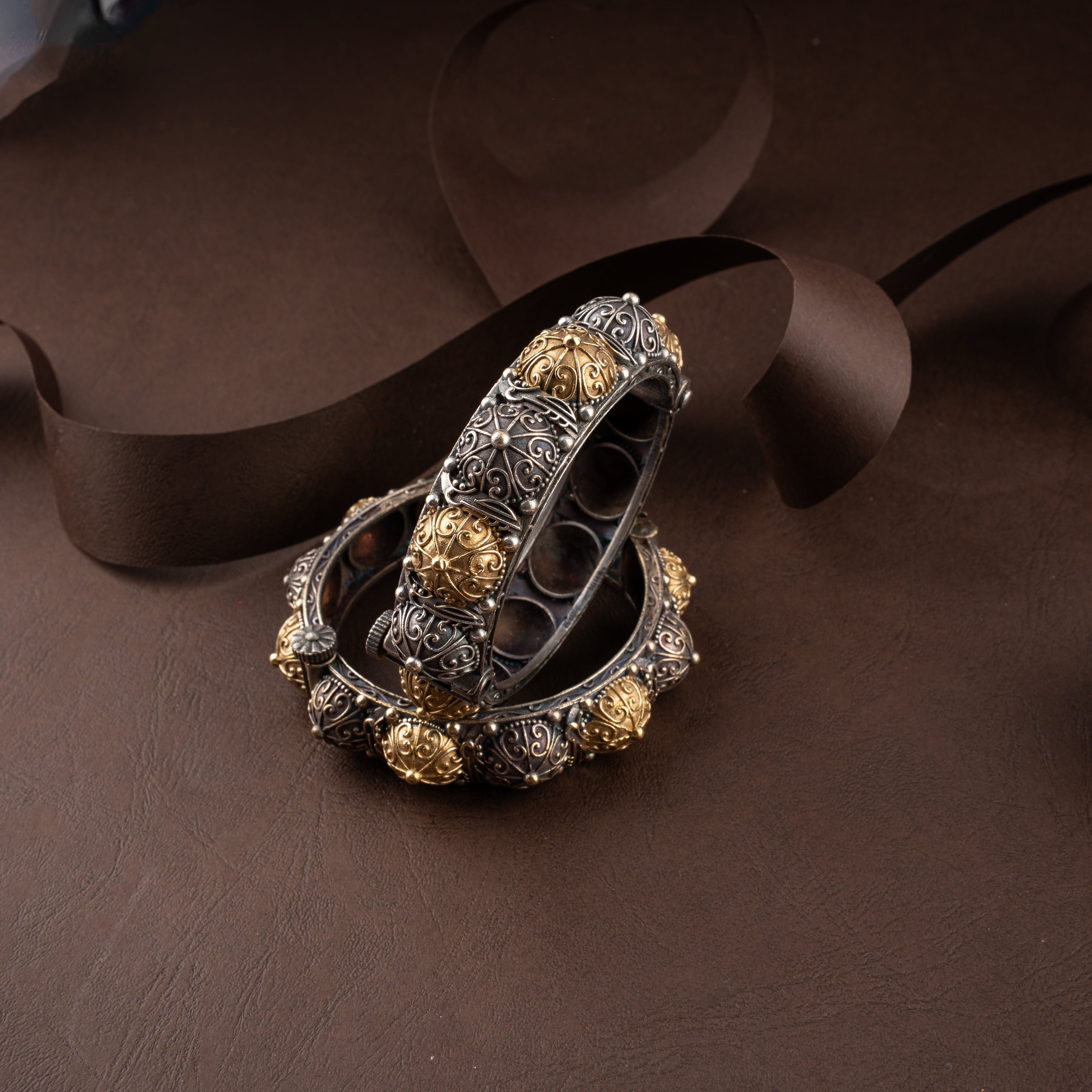 Dual-Tone Oxidised Silver Tribal Domed Spiked Hinged Kada Traditional Bracelet