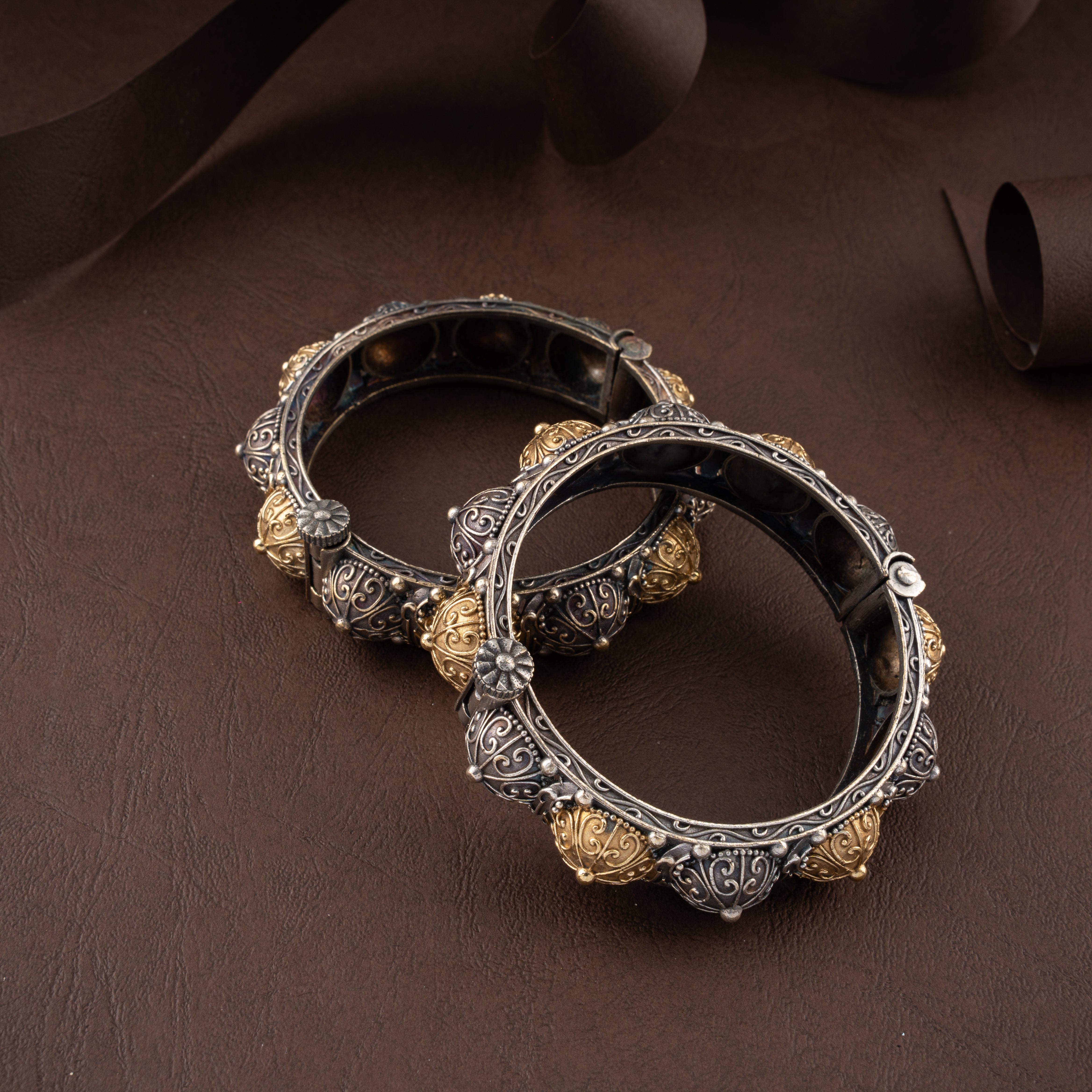 Dual-Tone Oxidised Silver Tribal Domed Spiked Hinged Kada Traditional Bracelet