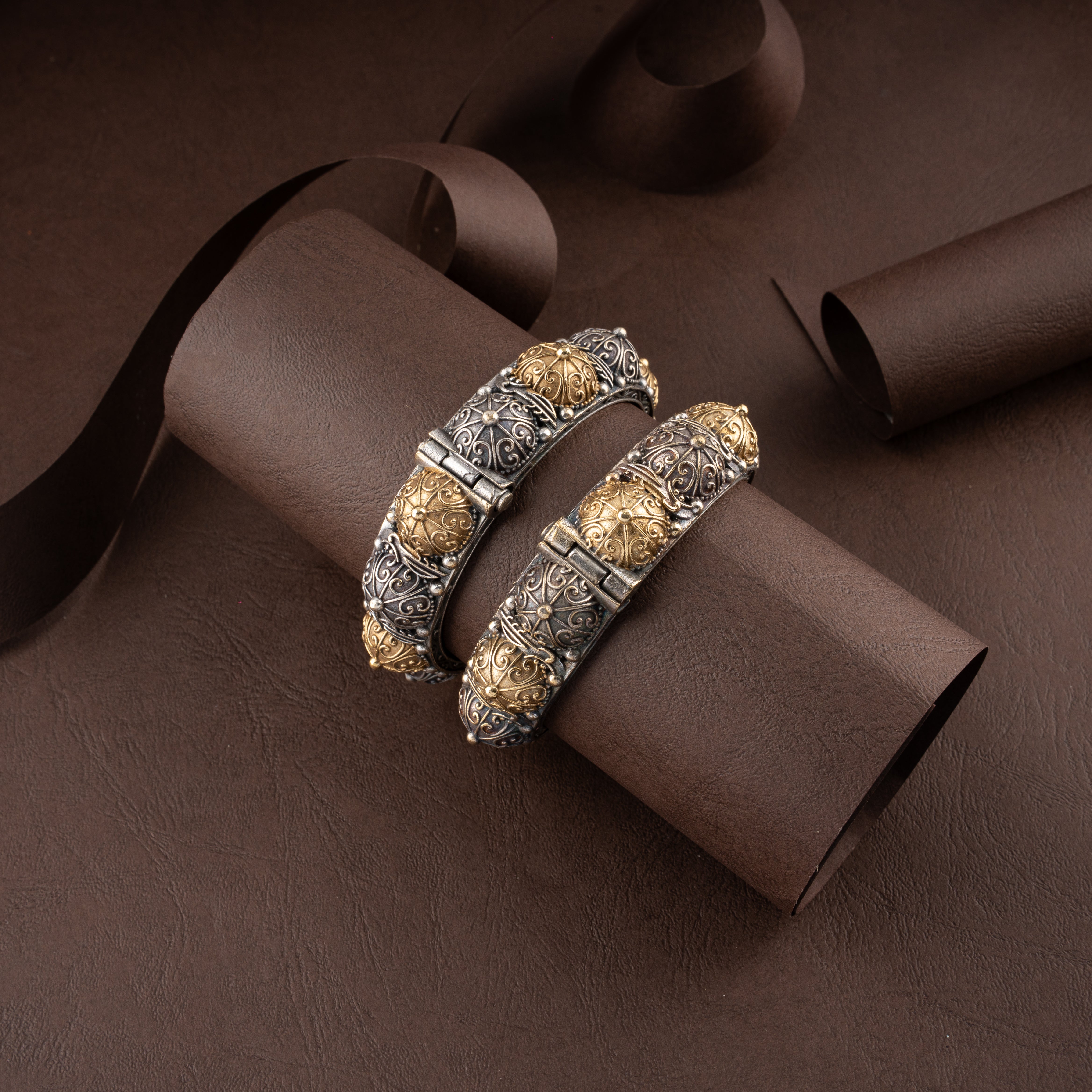 Dual-Tone Oxidised Silver Tribal Domed Spiked Hinged Kada Traditional Bracelet