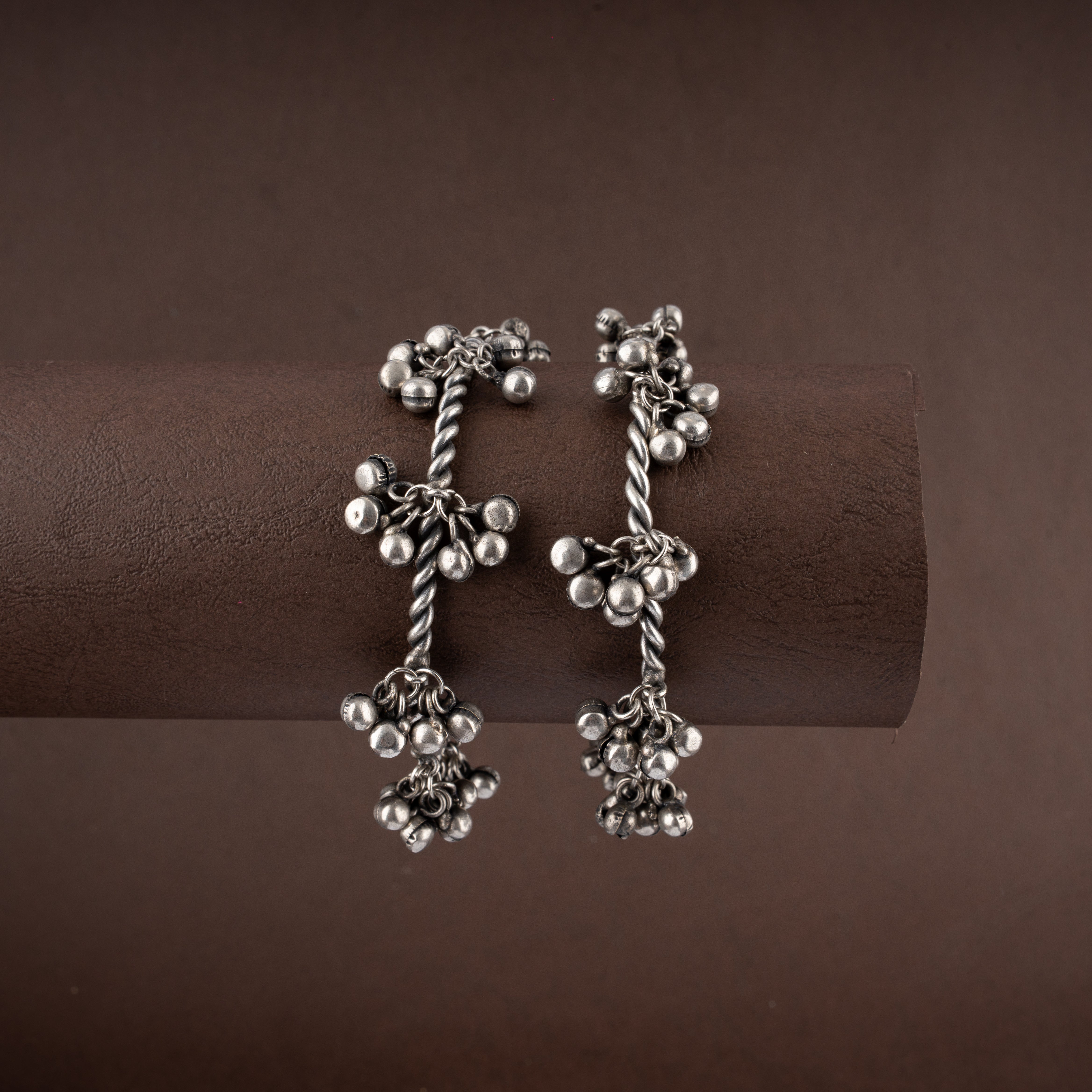 Oxidized Silver Twisted Rope Ghungroo Kada / Open Cuff Bracelet