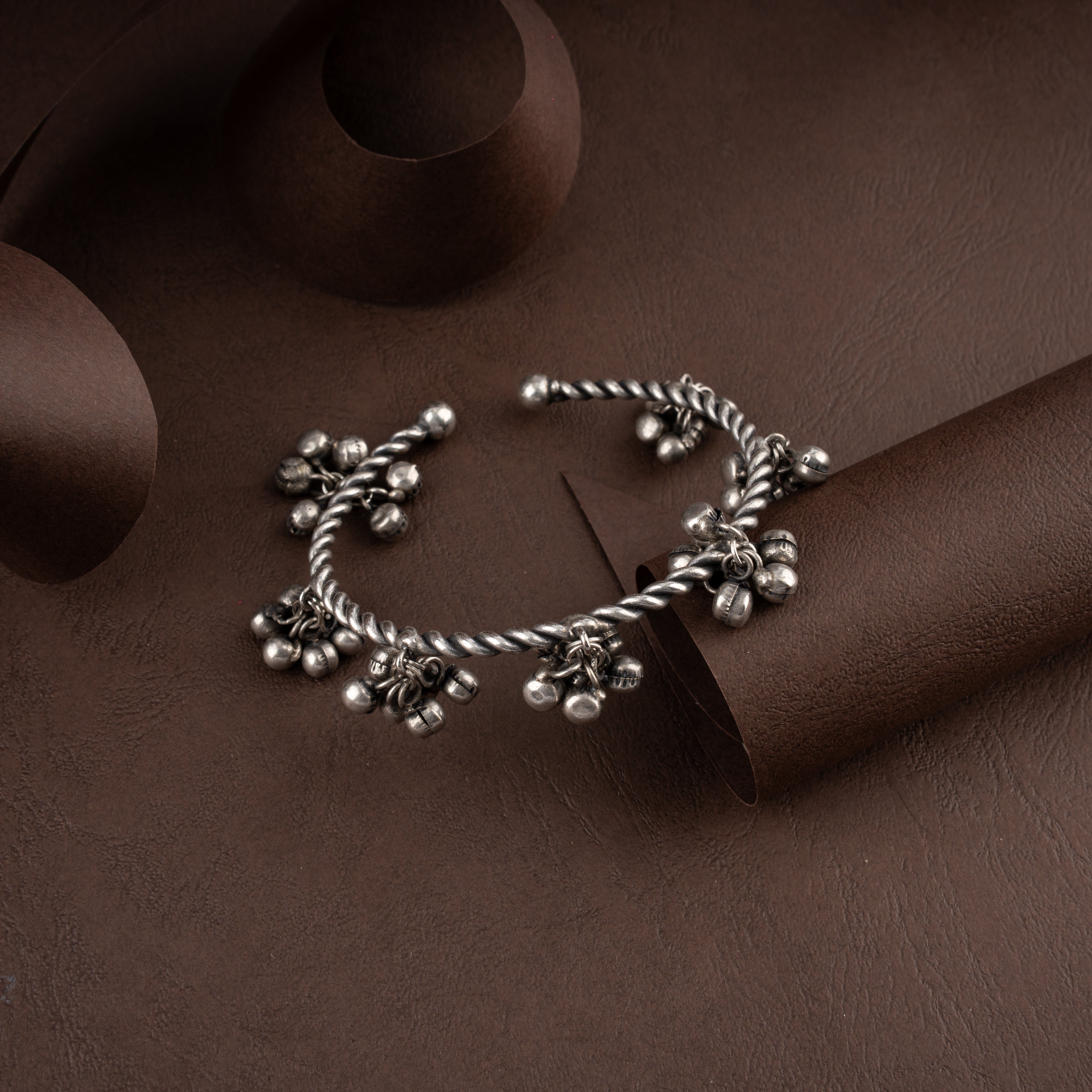 Oxidized Silver Twisted Rope Ghungroo Kada / Open Cuff Bracelet