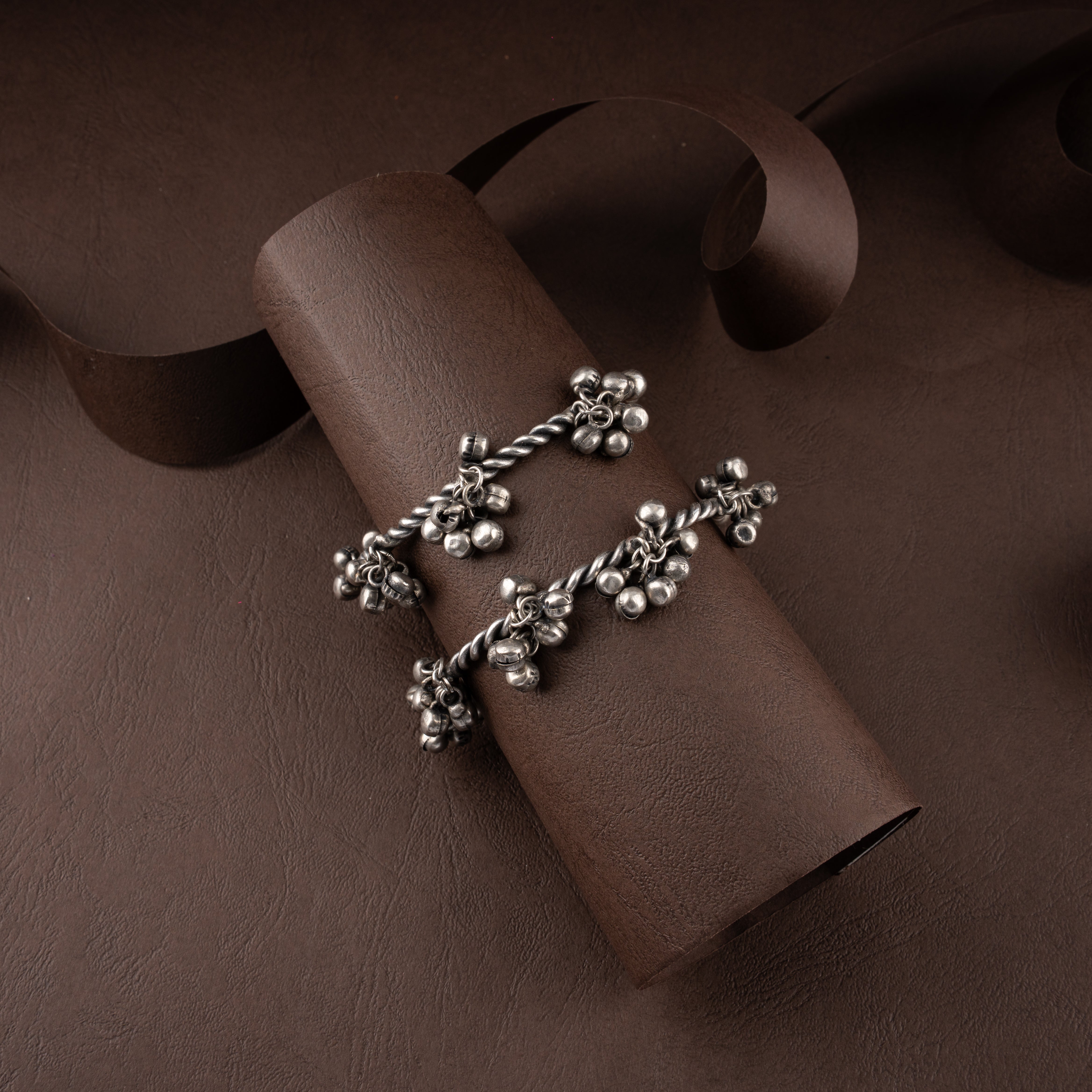 Oxidized Silver Twisted Rope Ghungroo Kada / Open Cuff Bracelet