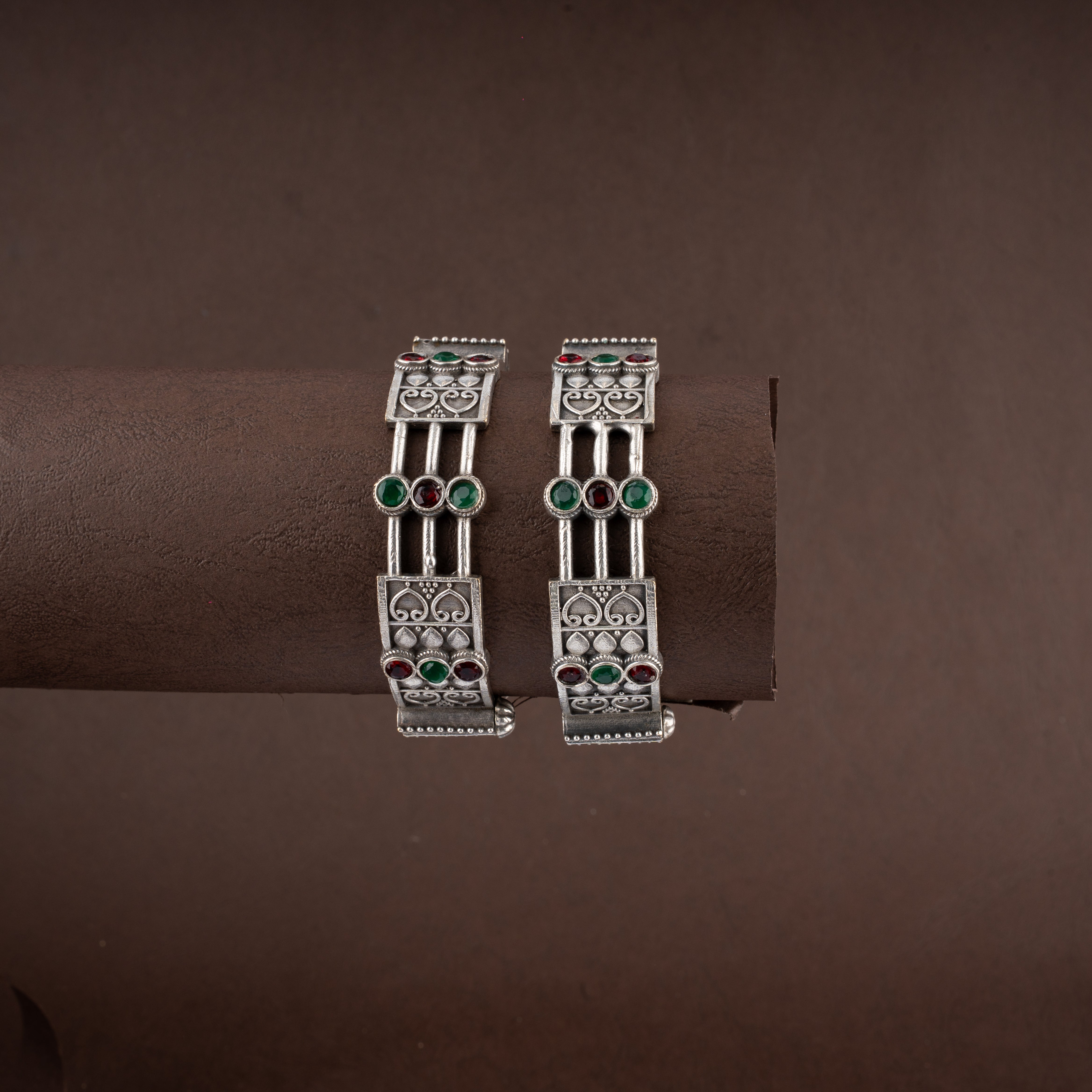 Oxidised Silver Tribal Filigree Stone Hinged Kada Traditional Bracelet