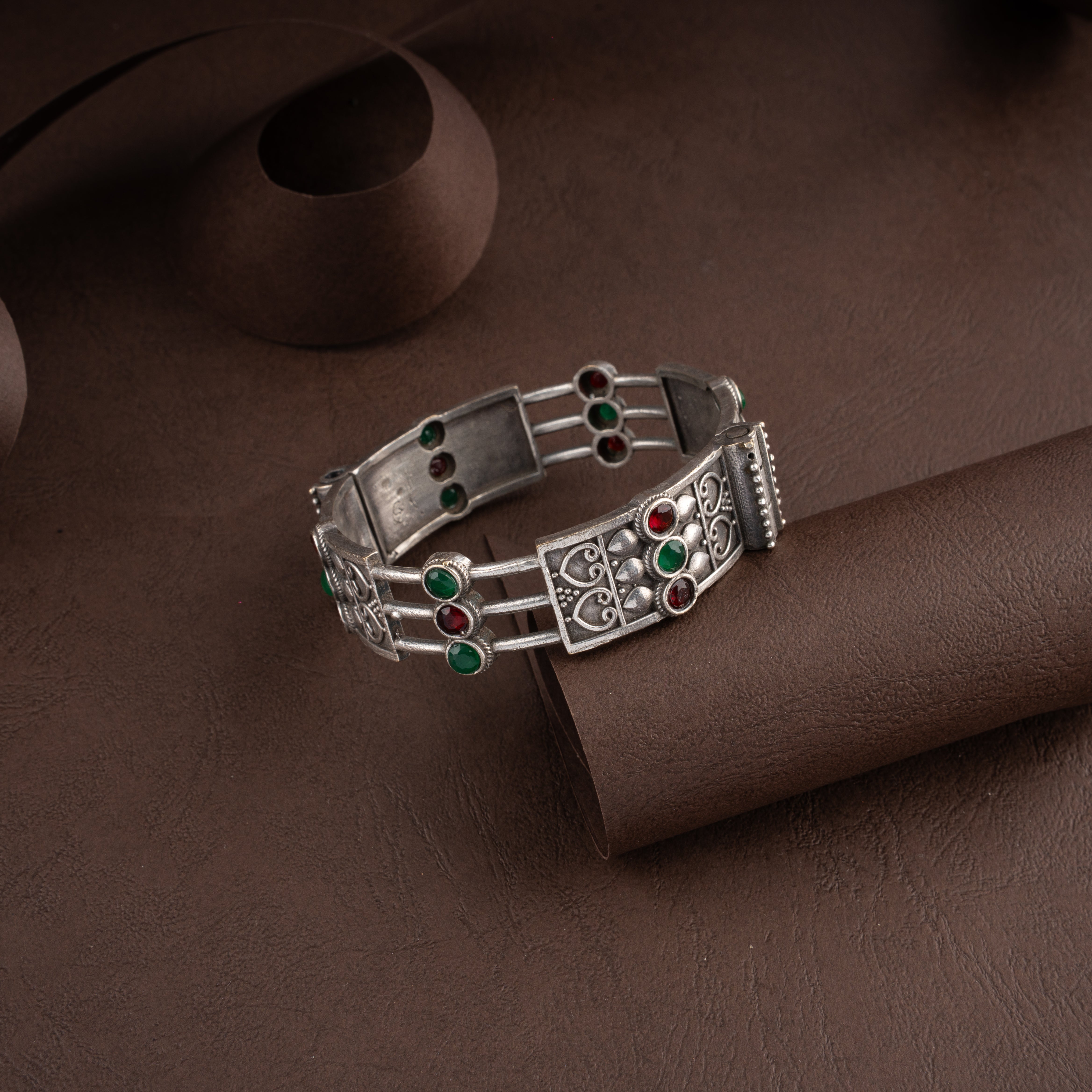 Oxidised Silver Tribal Filigree Stone Hinged Kada Traditional Bracelet