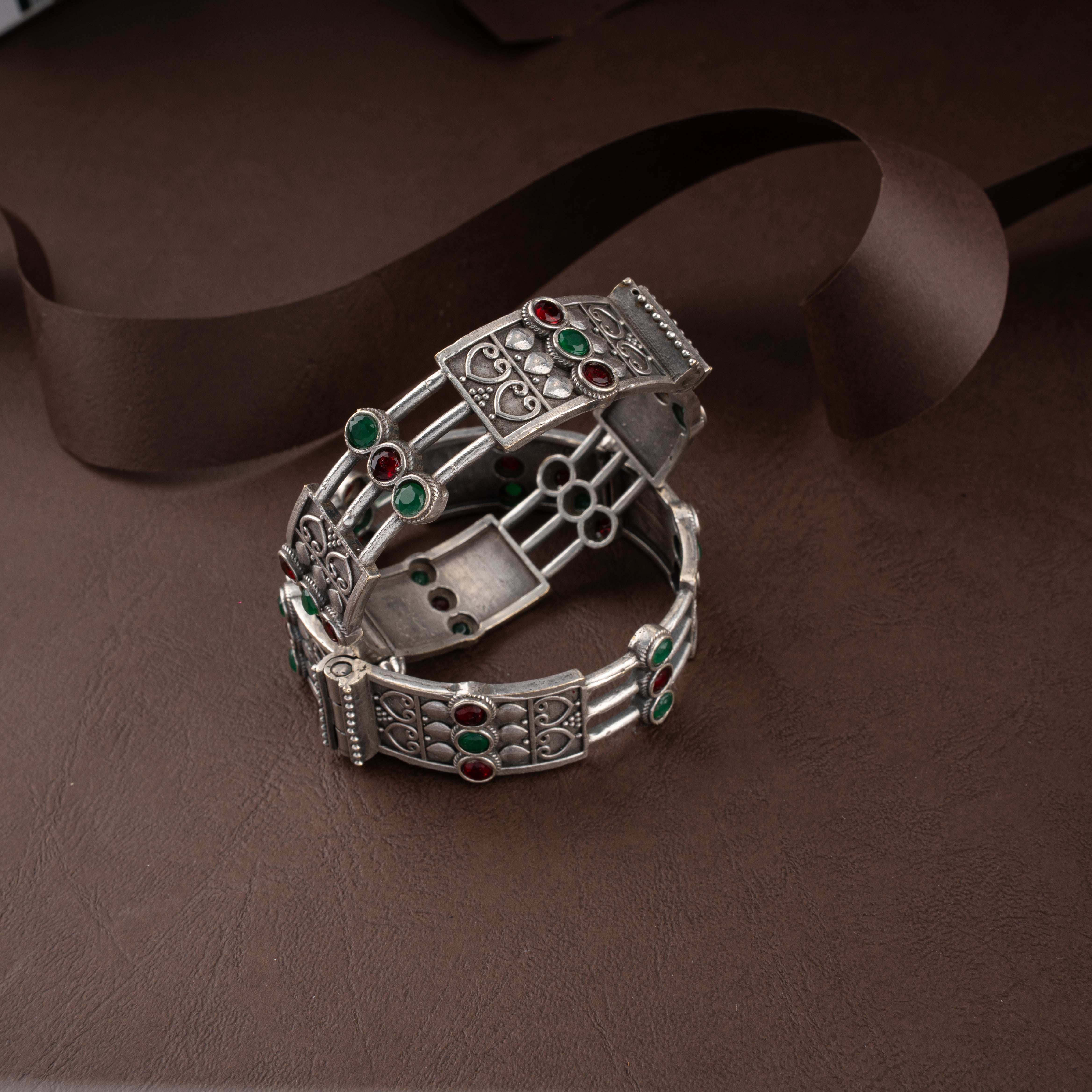 Oxidised Silver Tribal Filigree Stone Hinged Kada Traditional Bracelet