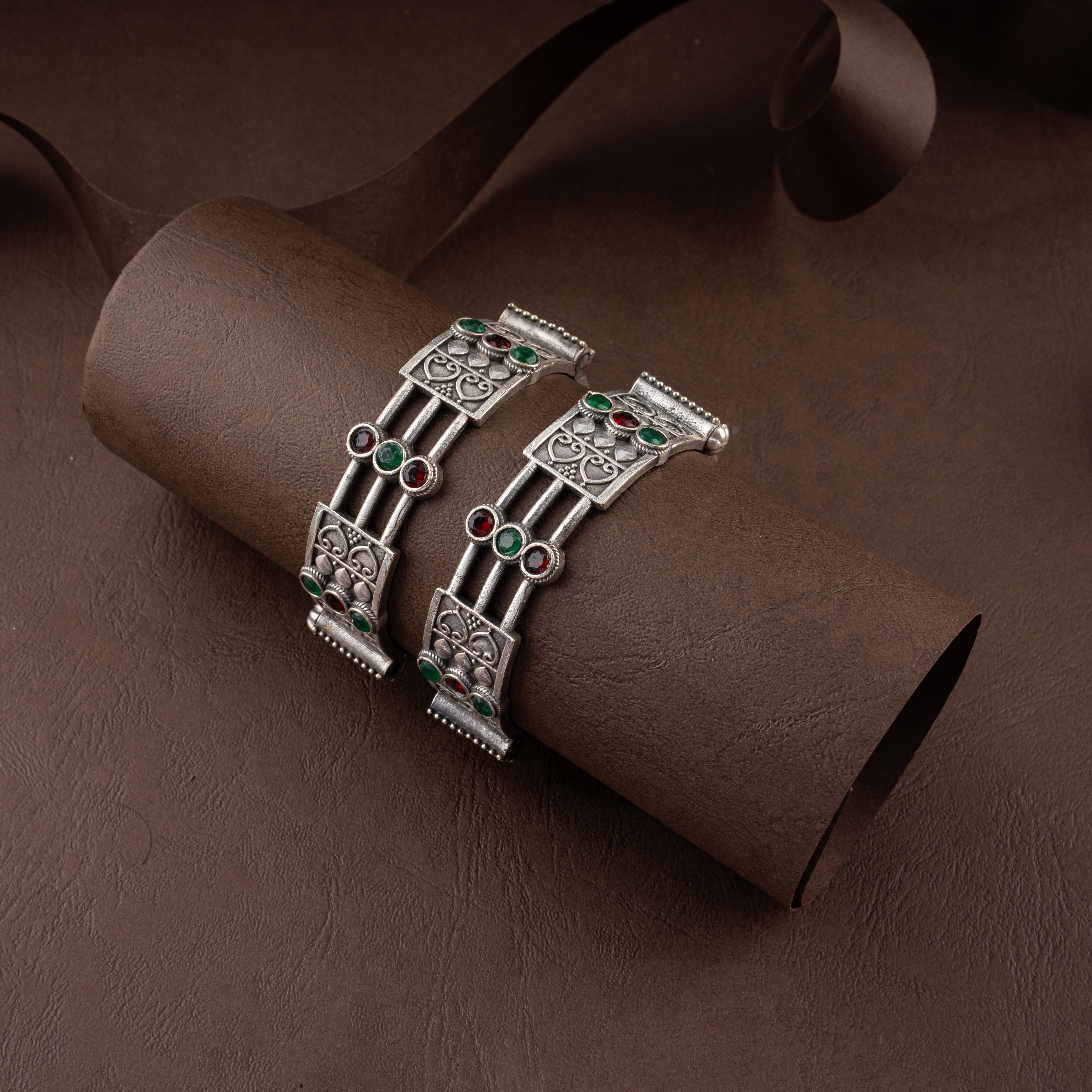 Oxidised Silver Tribal Filigree Stone Hinged Kada Traditional Bracelet