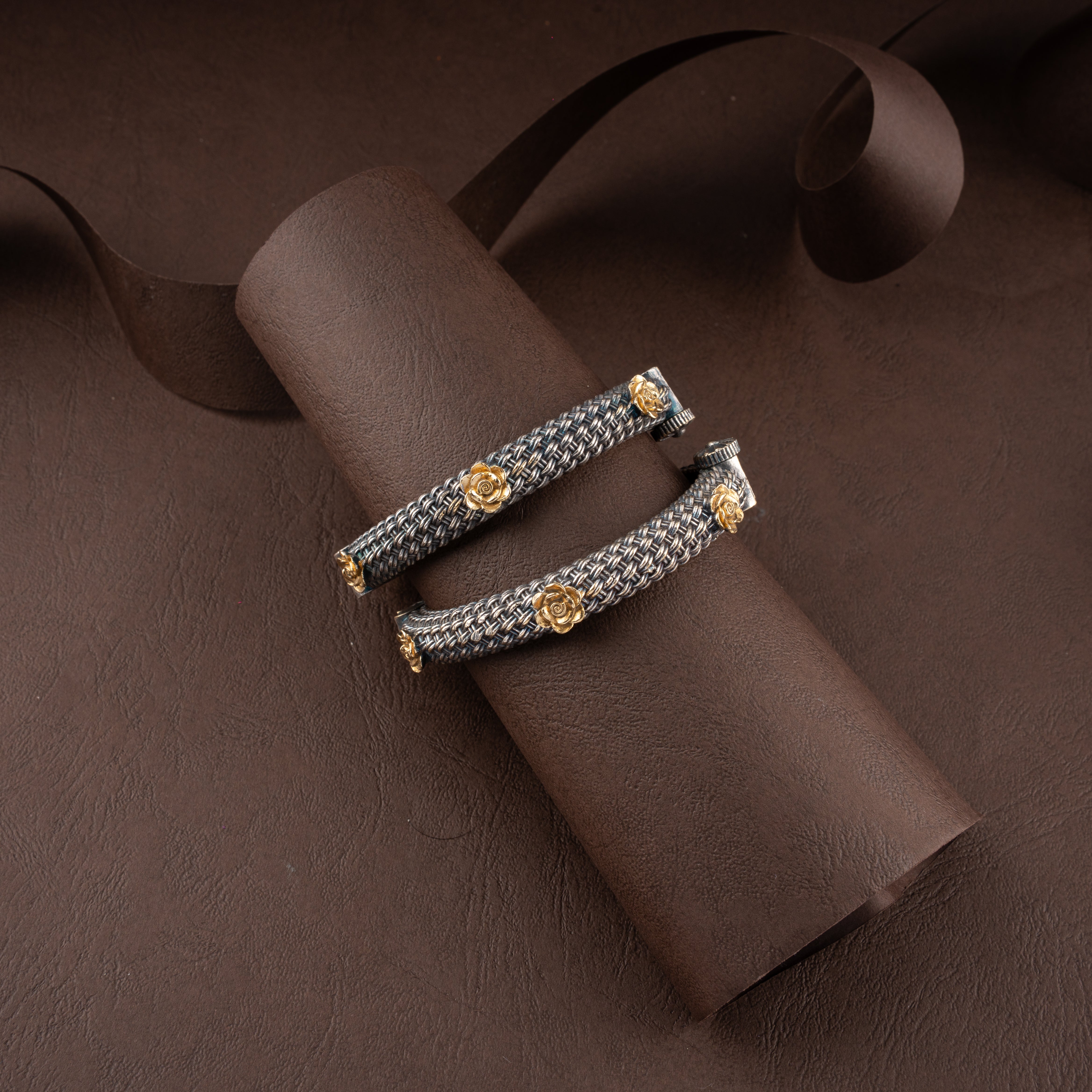 Aaradhya Mesh Weave Antique Dual-Tone Floral Kada Bracelet