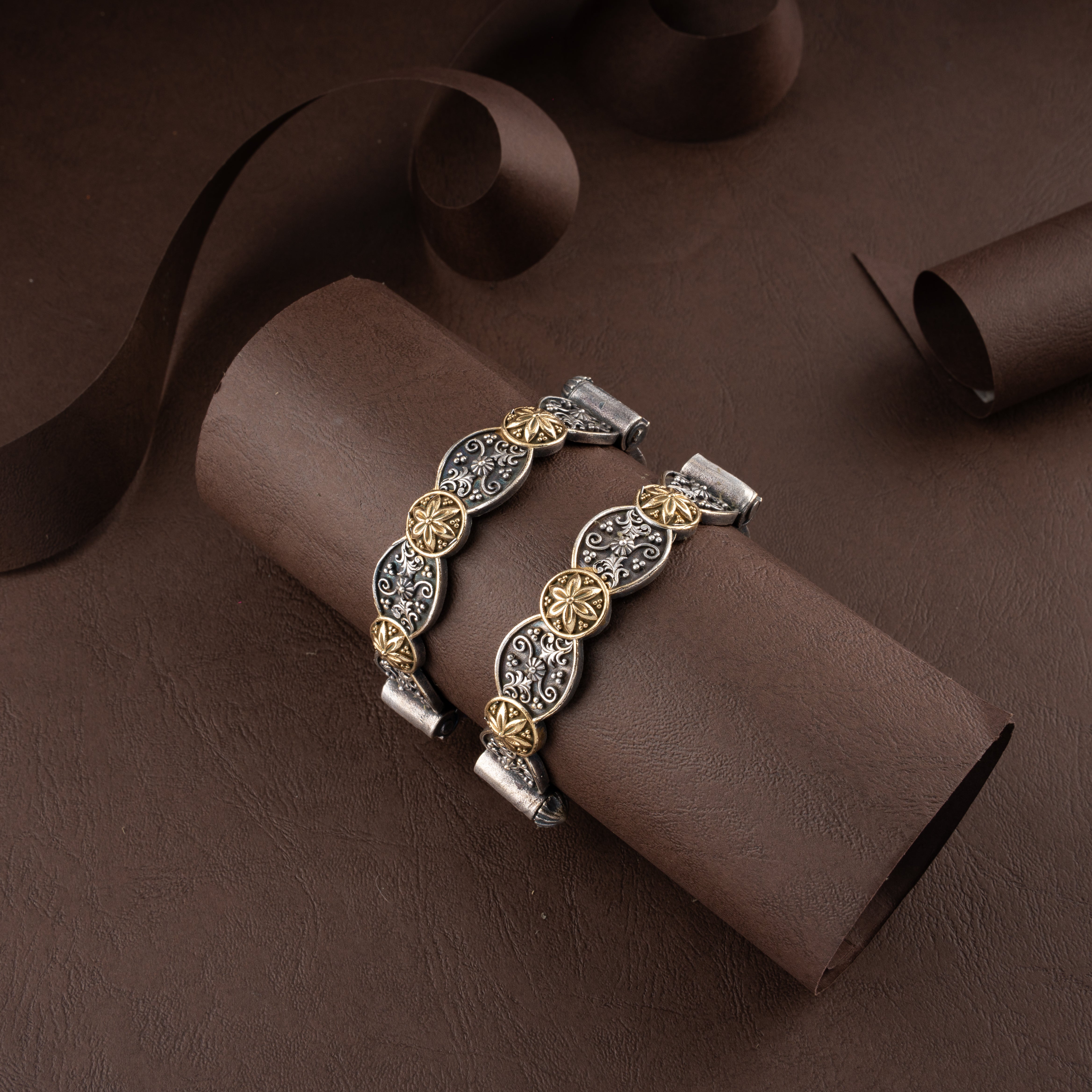 Dual-Tone Tribal Floral Medallion Filigree Hinged Kada Traditional Bracelet