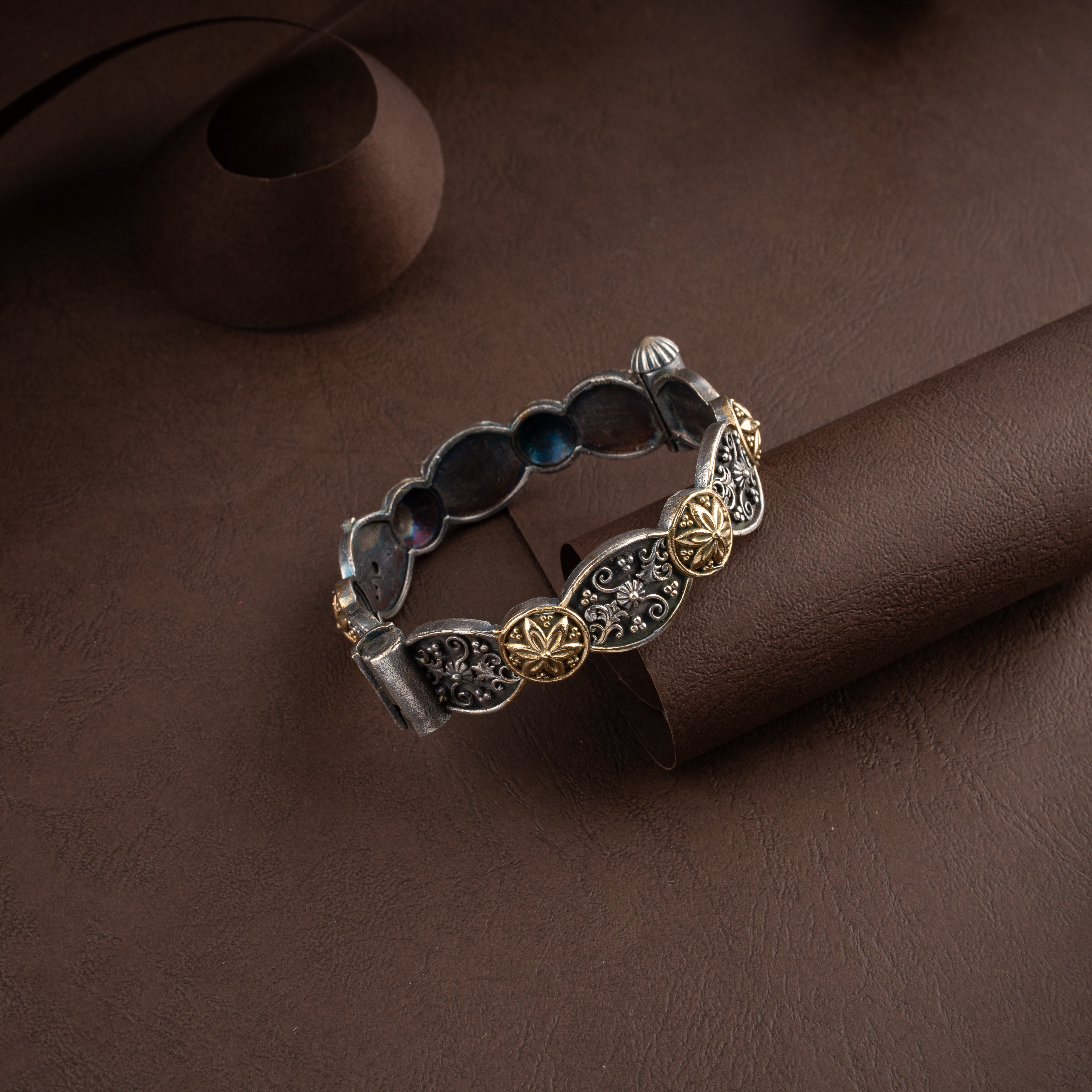 Dual-Tone Tribal Floral Medallion Filigree Hinged Kada Traditional Bracelet