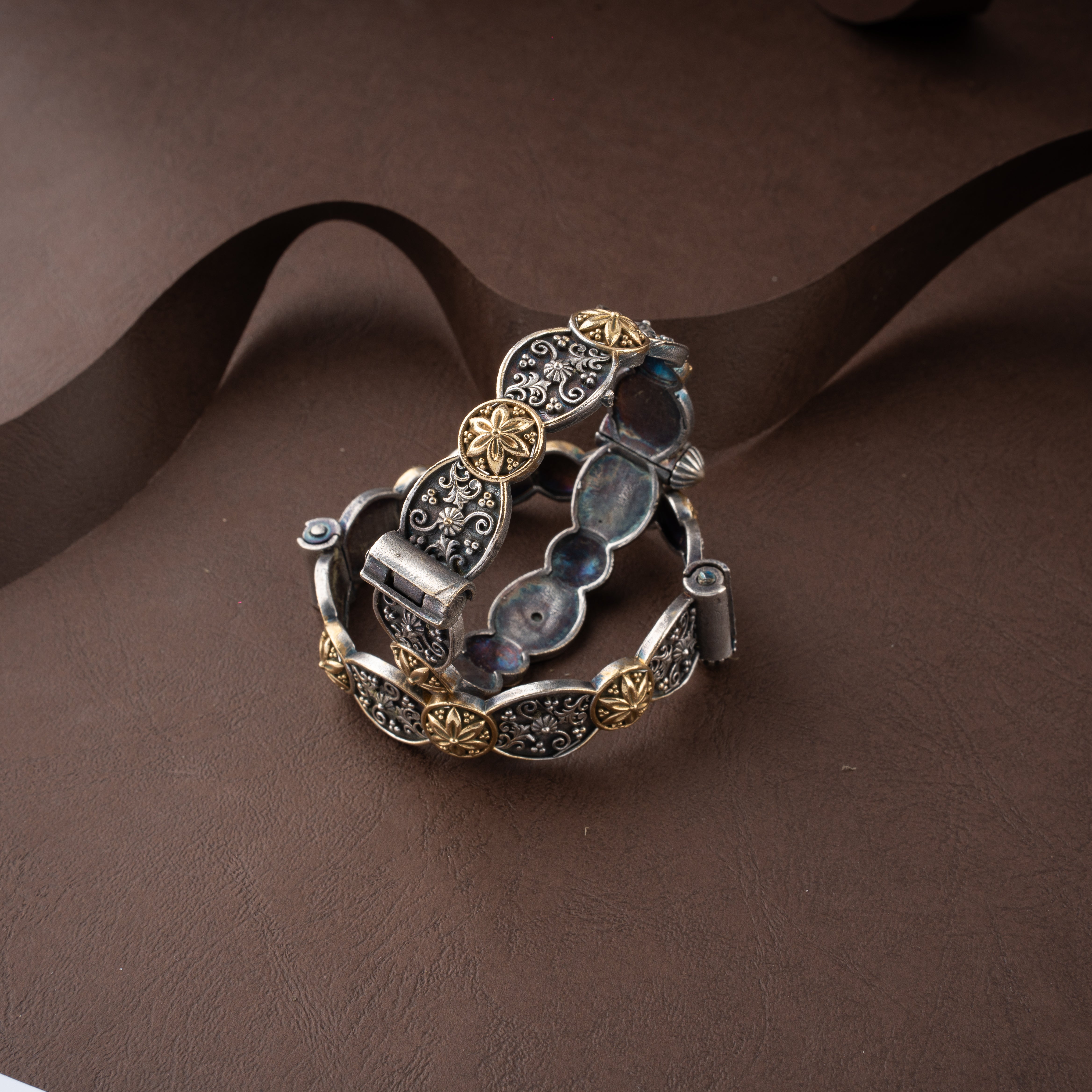 Dual-Tone Tribal Floral Medallion Filigree Hinged Kada Traditional Bracelet