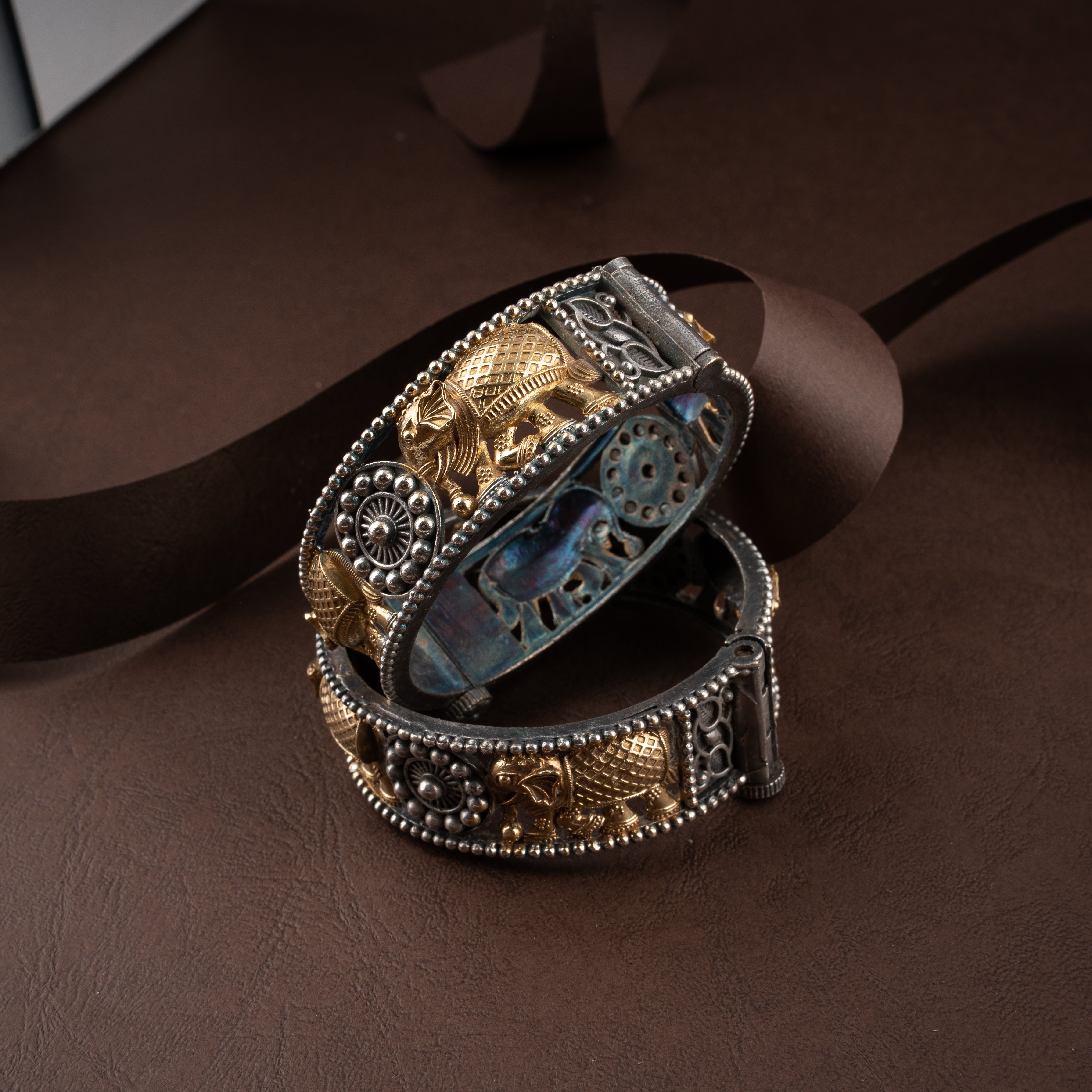 Oxidised Gajraj Dual-Tone Elephant Motif Kada Bangle Bracelet