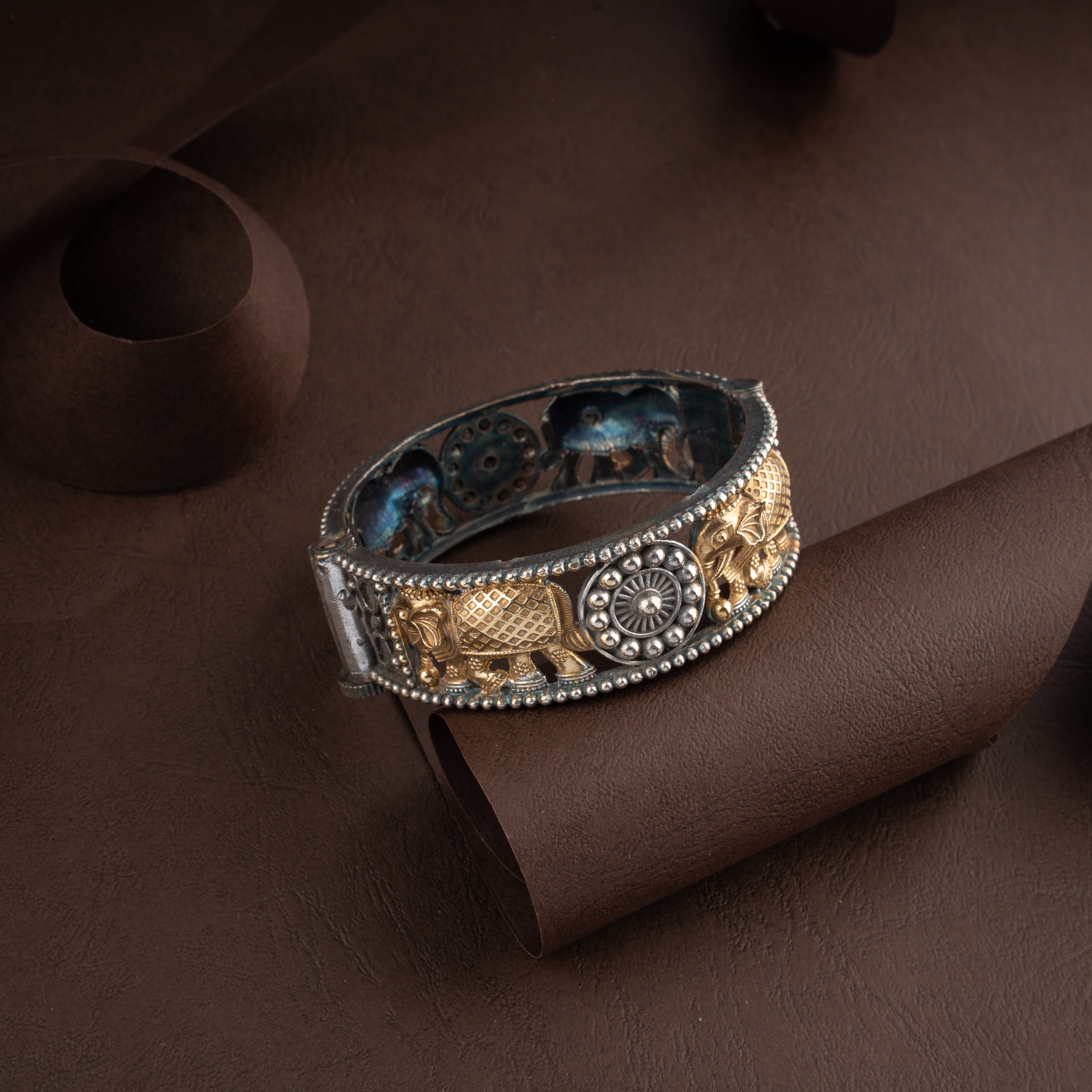 Oxidised Gajraj Dual-Tone Elephant Motif Kada Bangle Bracelet