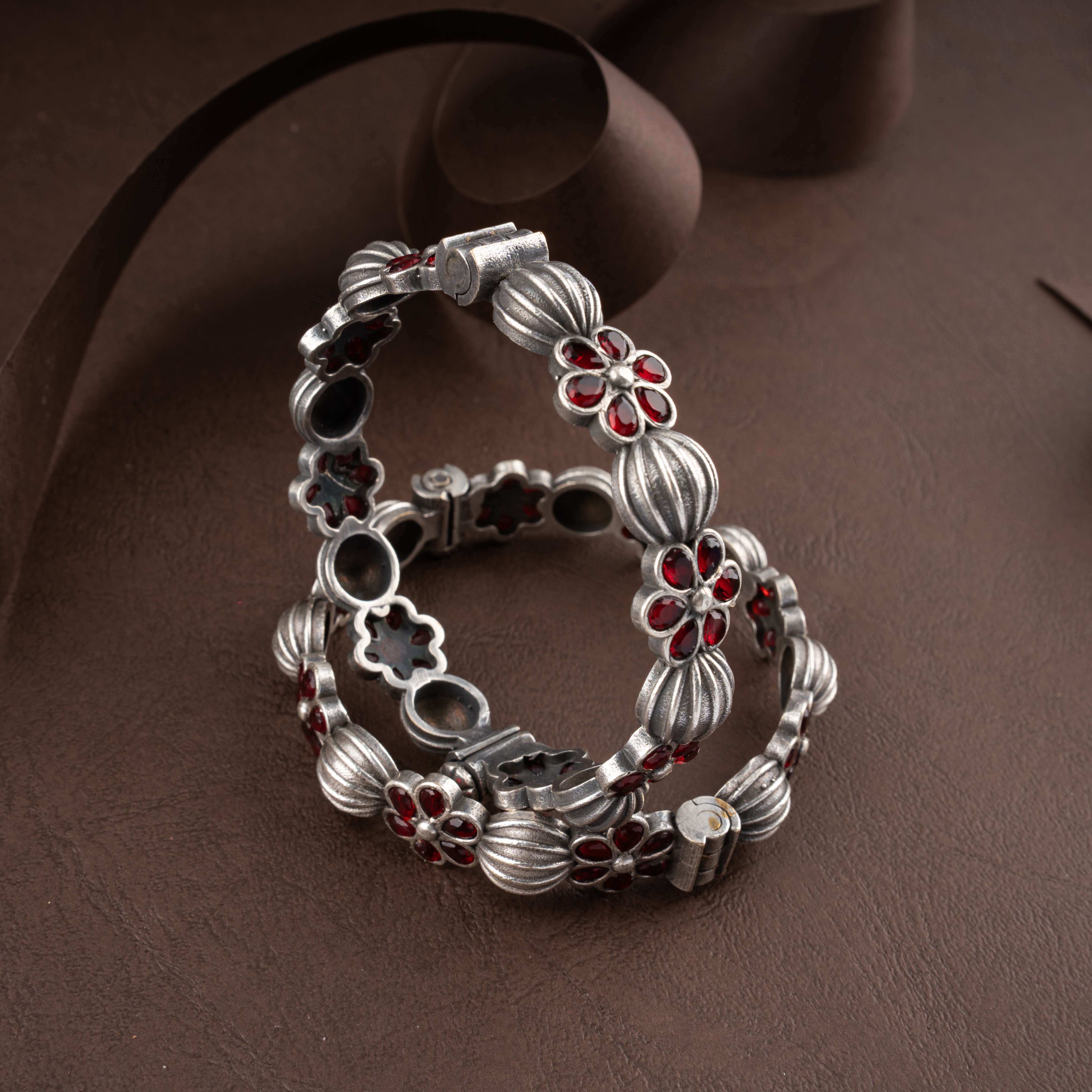 Oxidised Silver Floral Stone Ribbed Melon Hinged Kada Traditional Bracelet