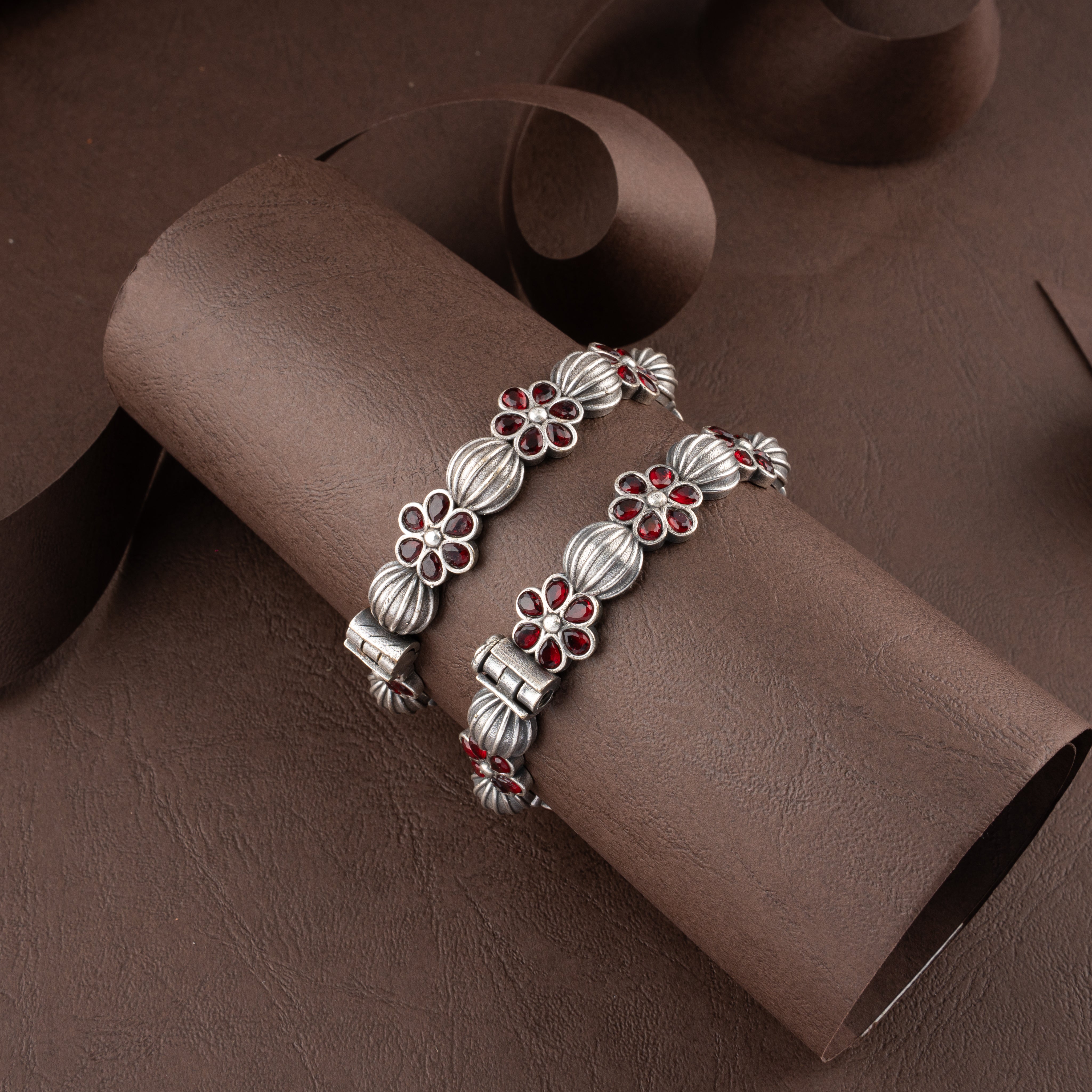 Oxidised Silver Floral Stone Ribbed Melon Hinged Kada Traditional Bracelet