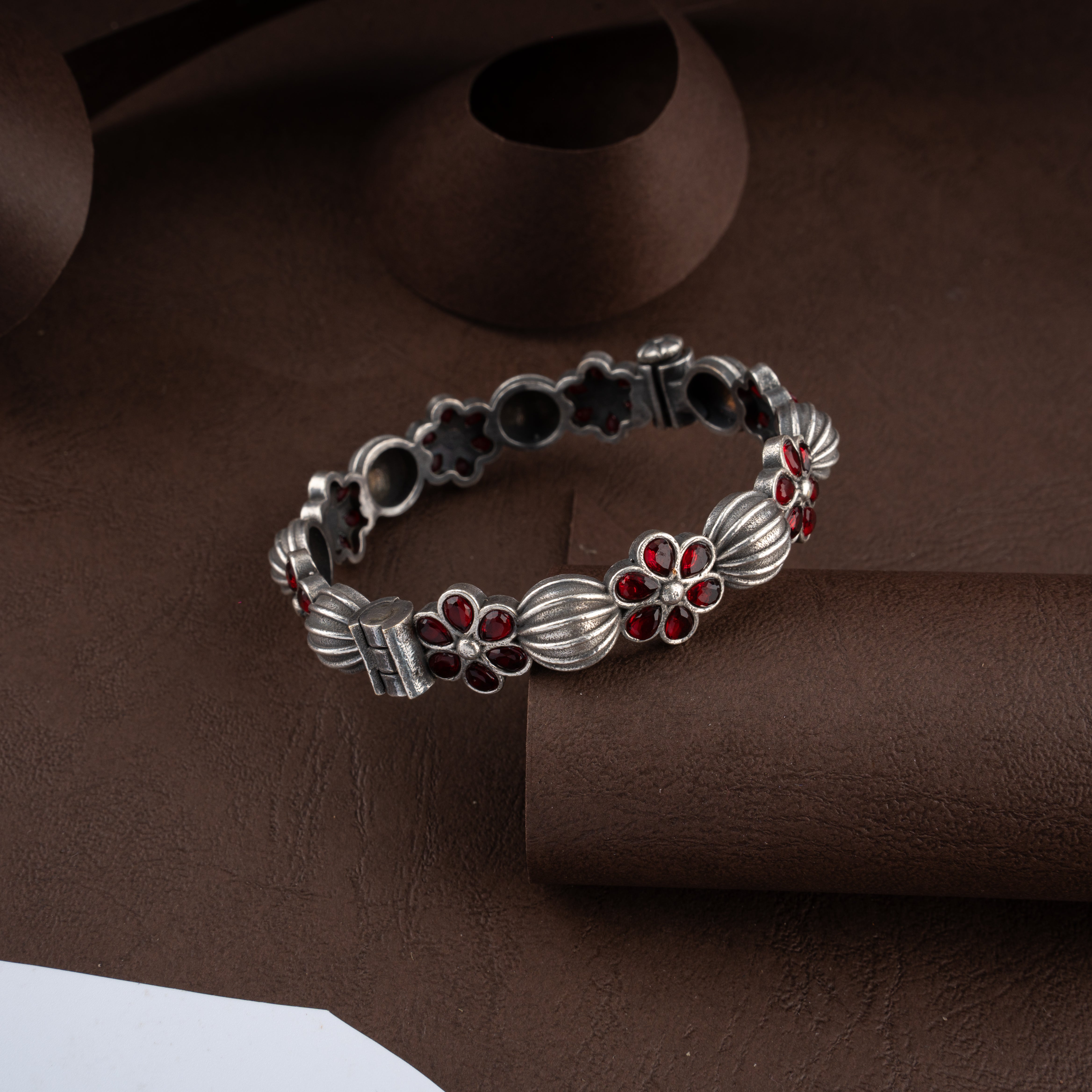 Oxidised Silver Floral Stone Ribbed Melon Hinged Kada Traditional Bracelet