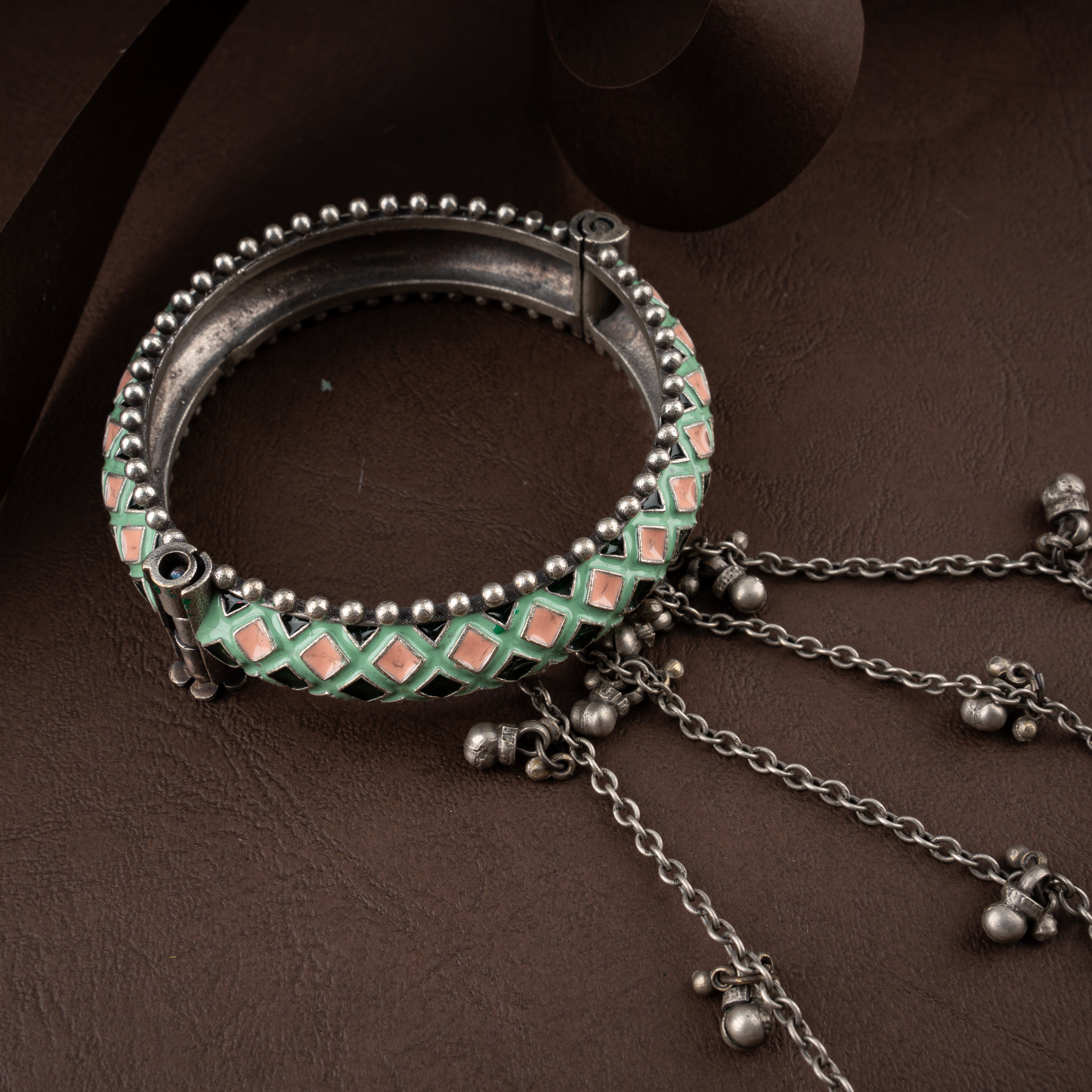 Oxidised Meenakari Haathphool Bangle Bracelet with 4 Rings