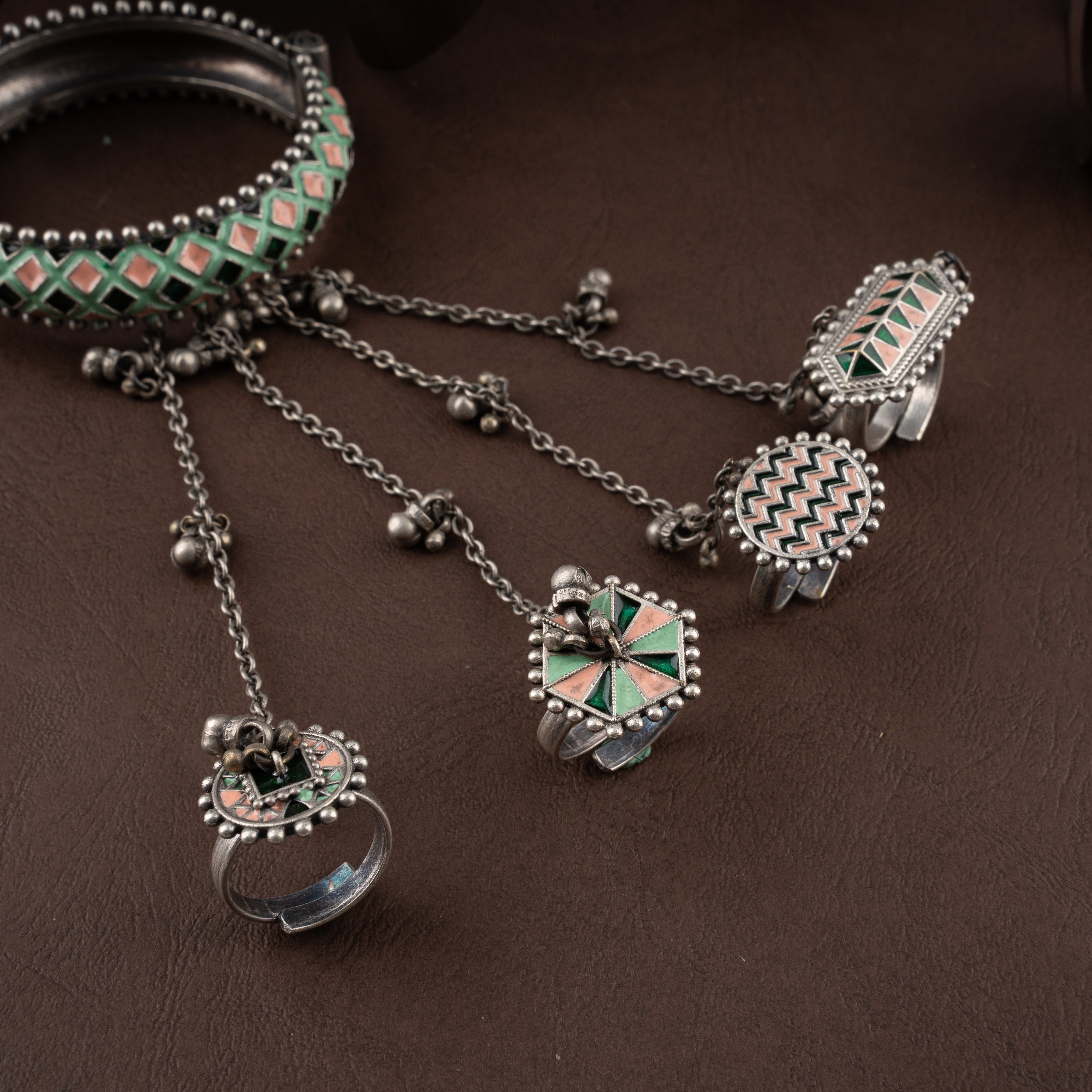 Oxidised Meenakari Haathphool Bangle Bracelet with 4 Rings