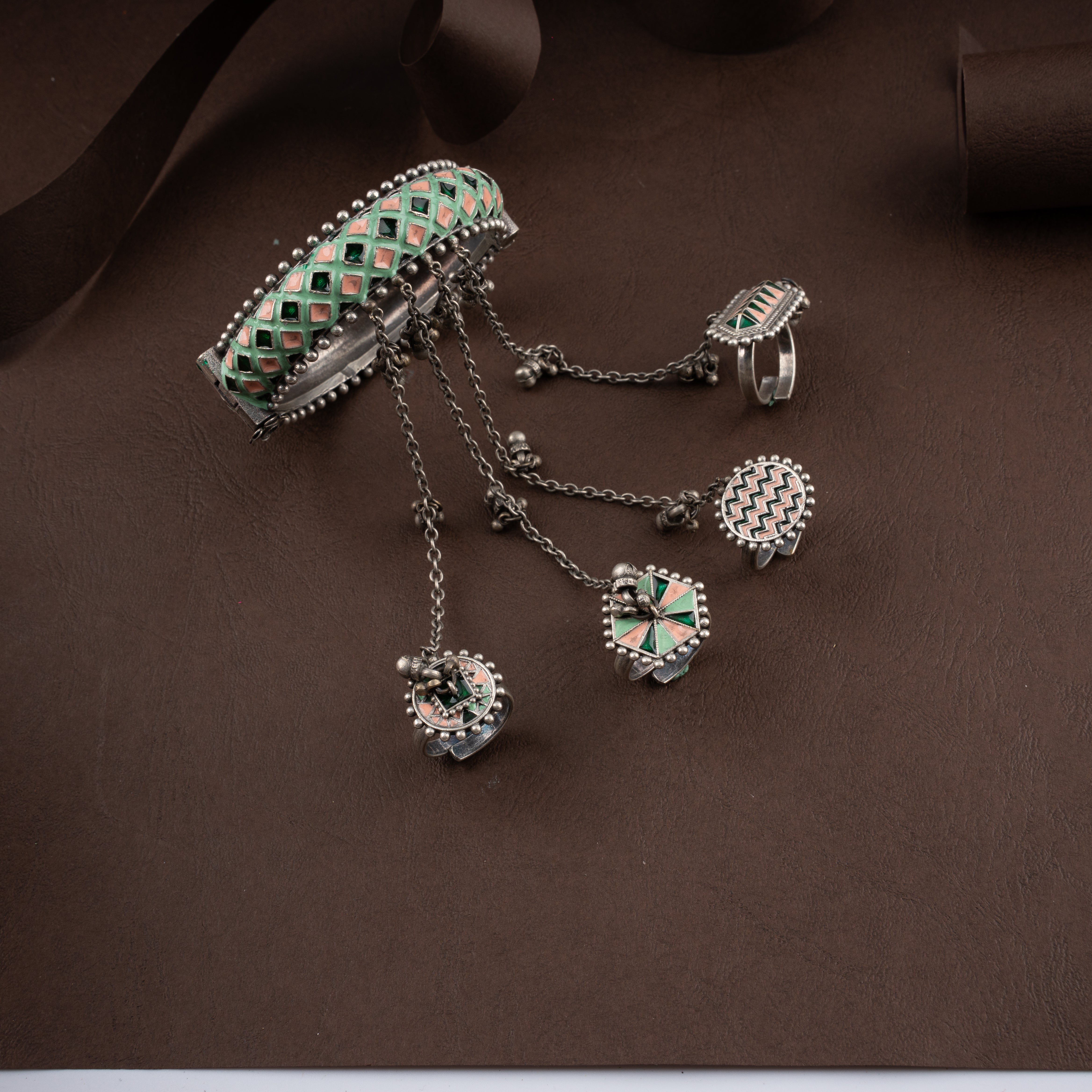 Oxidised Meenakari Haathphool Bangle Bracelet with 4 Rings