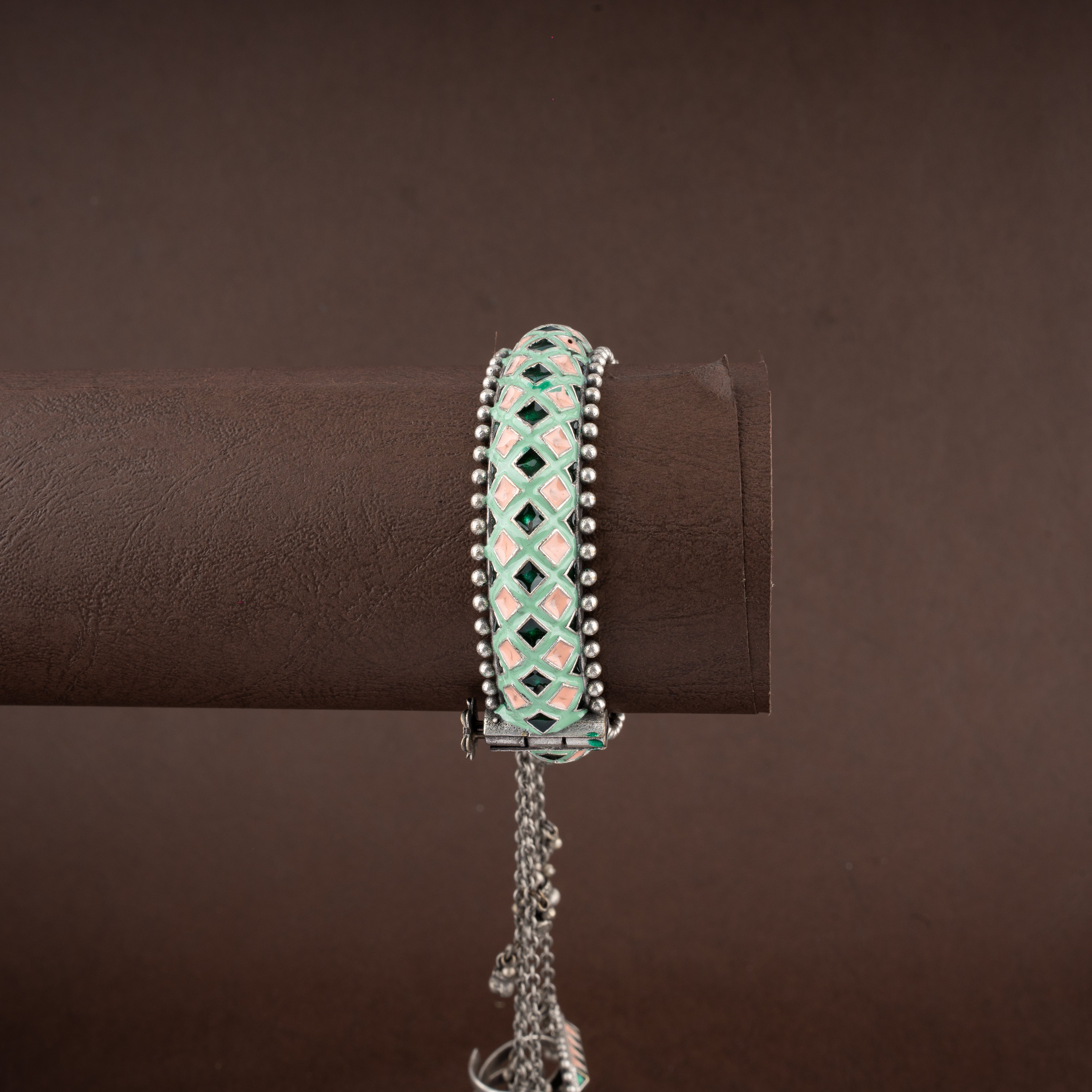 Oxidised Meenakari Haathphool Bangle Bracelet with 4 Rings