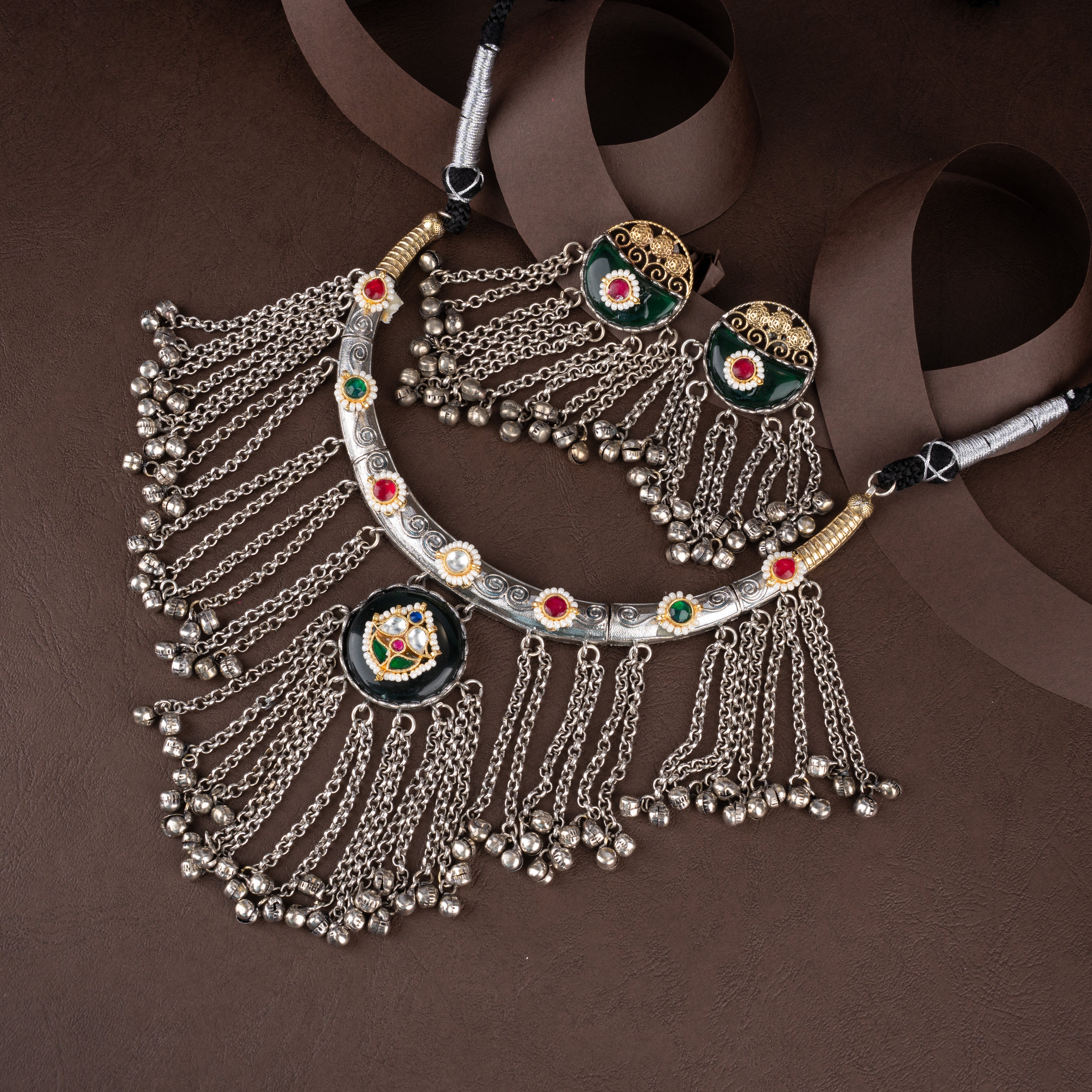 Dual-Tone Oxidised Silver Tribal Hasli Fringe Choker Necklace Set with Ghungroo Drops