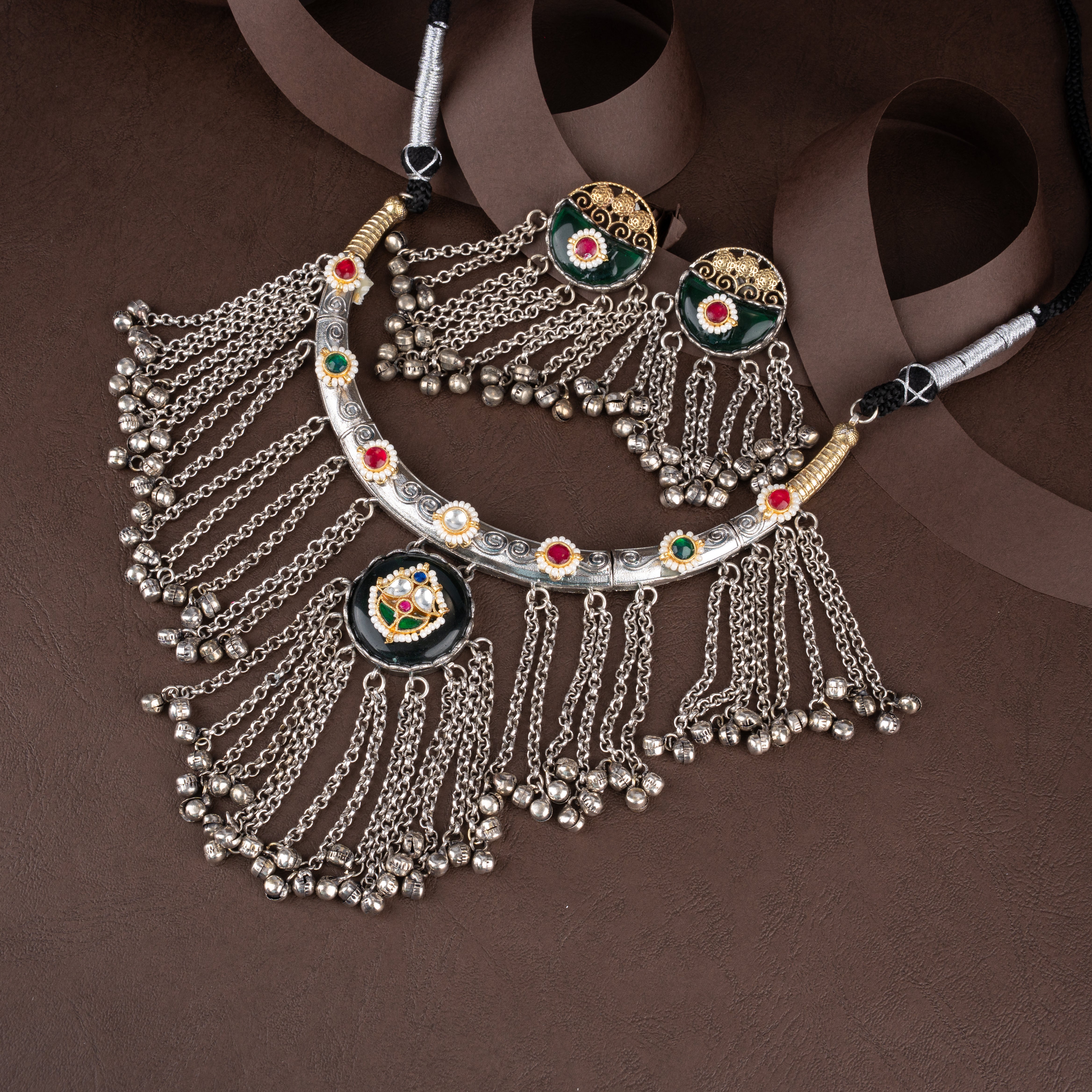 Dual-Tone Oxidised Silver Tribal Hasli Fringe Choker Necklace Set with Ghungroo Drops
