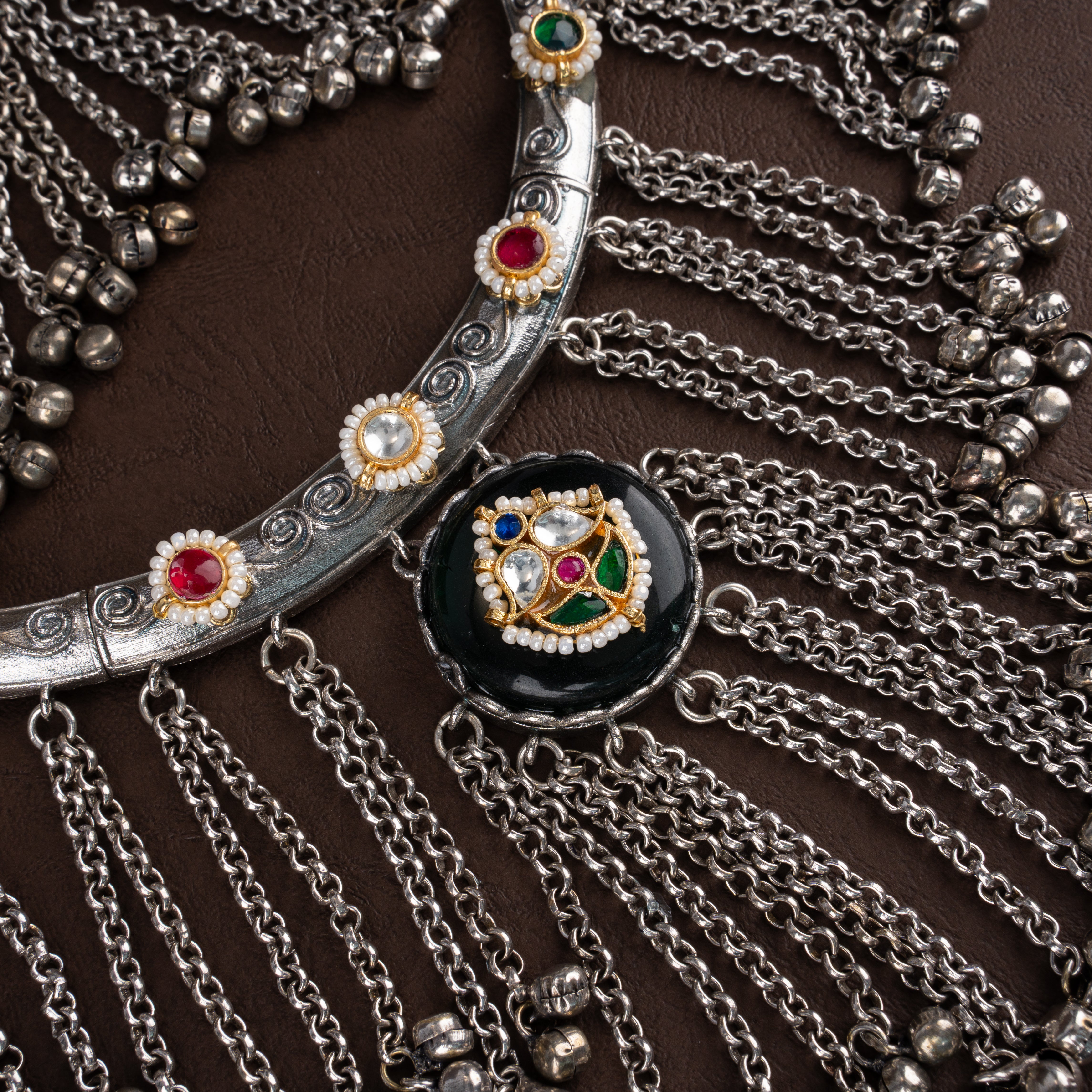 Dual-Tone Oxidised Silver Tribal Hasli Fringe Choker Necklace Set with Ghungroo Drops