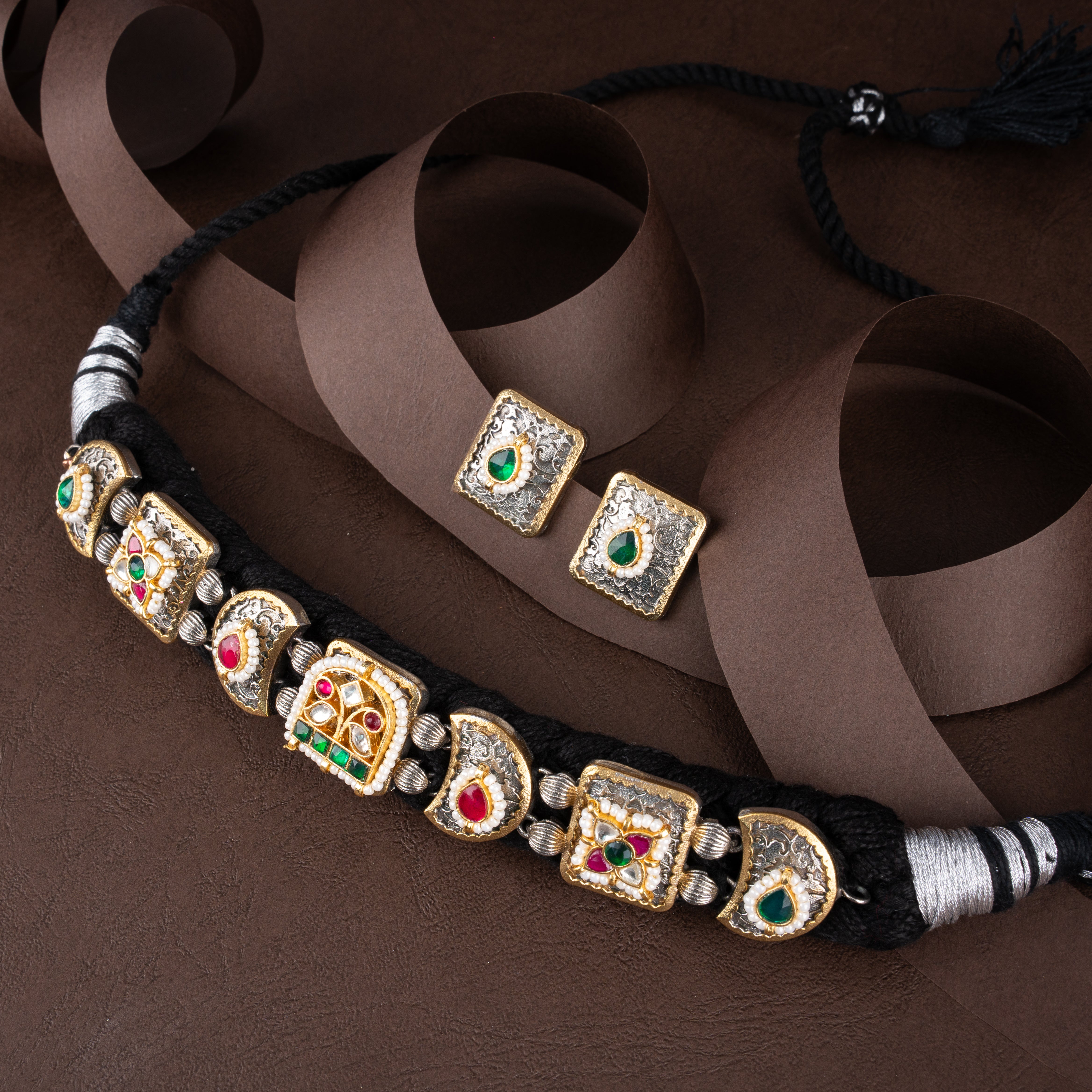 Dual-Tone Oxidised Silver Geometric Fabric Choker Necklace Set with Matching Studs