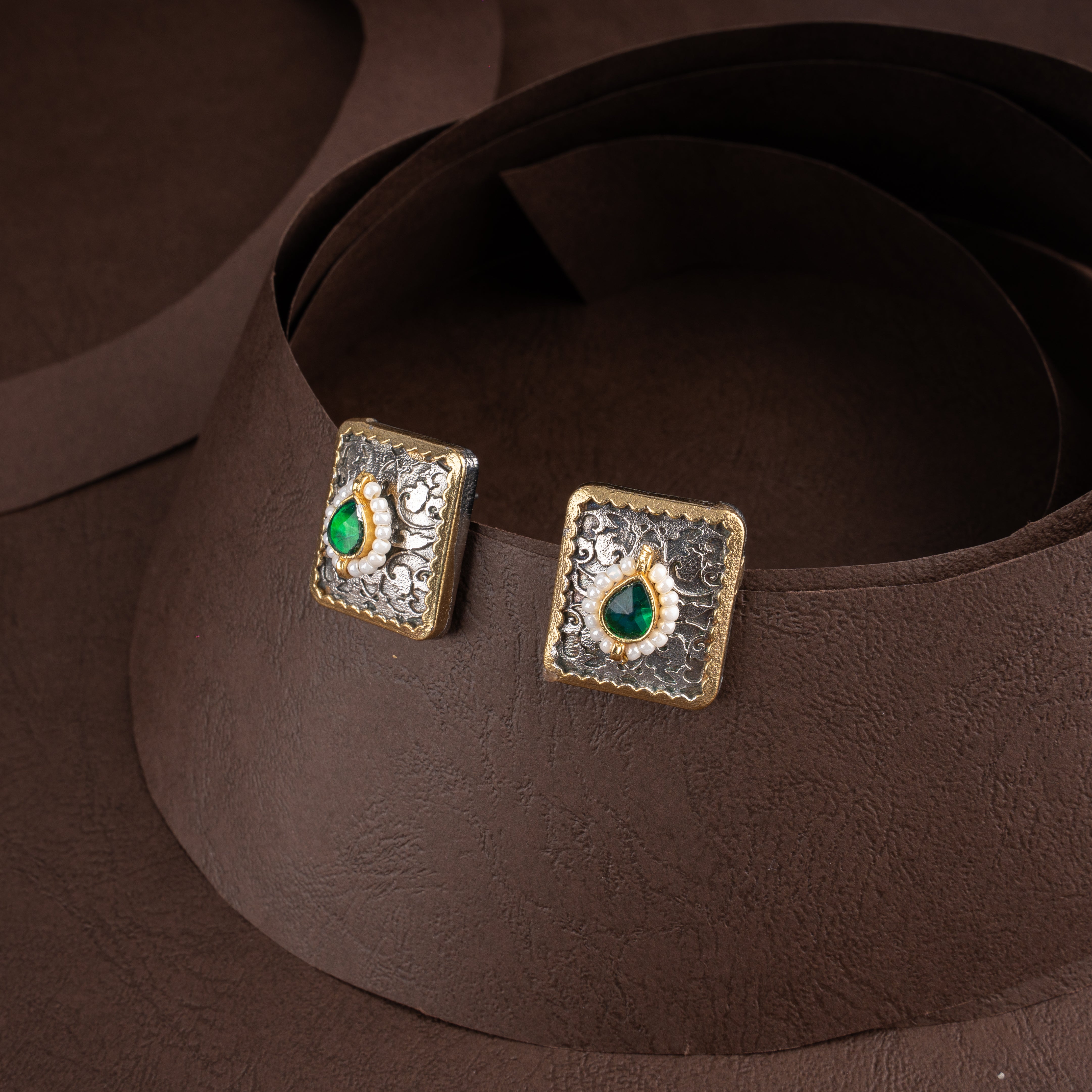 Dual-Tone Oxidised Silver Geometric Fabric Choker Necklace Set with Matching Studs