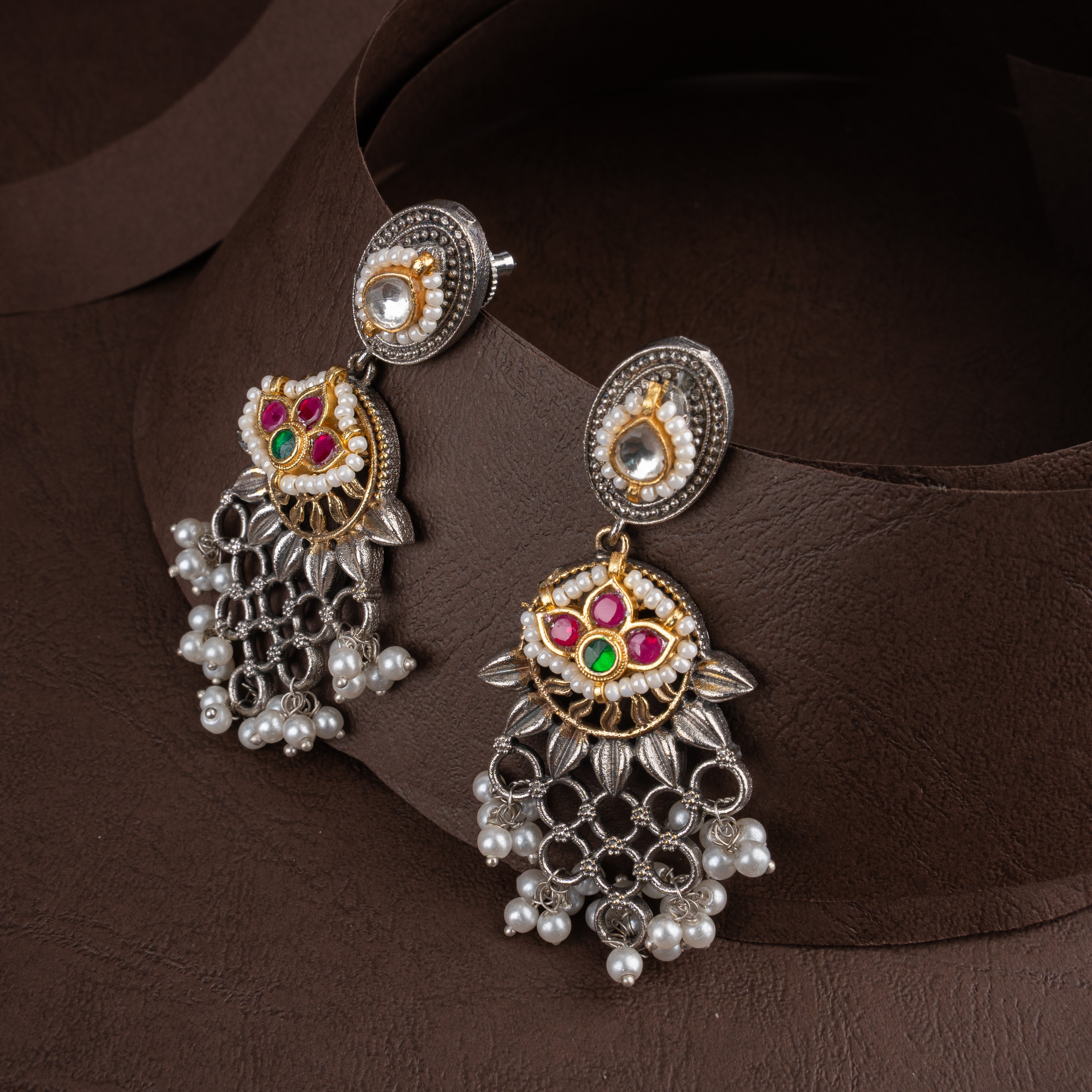 Dual-Tone Oxidised Silver Temple Choker Necklace Set with Kundan & Pearl Drops