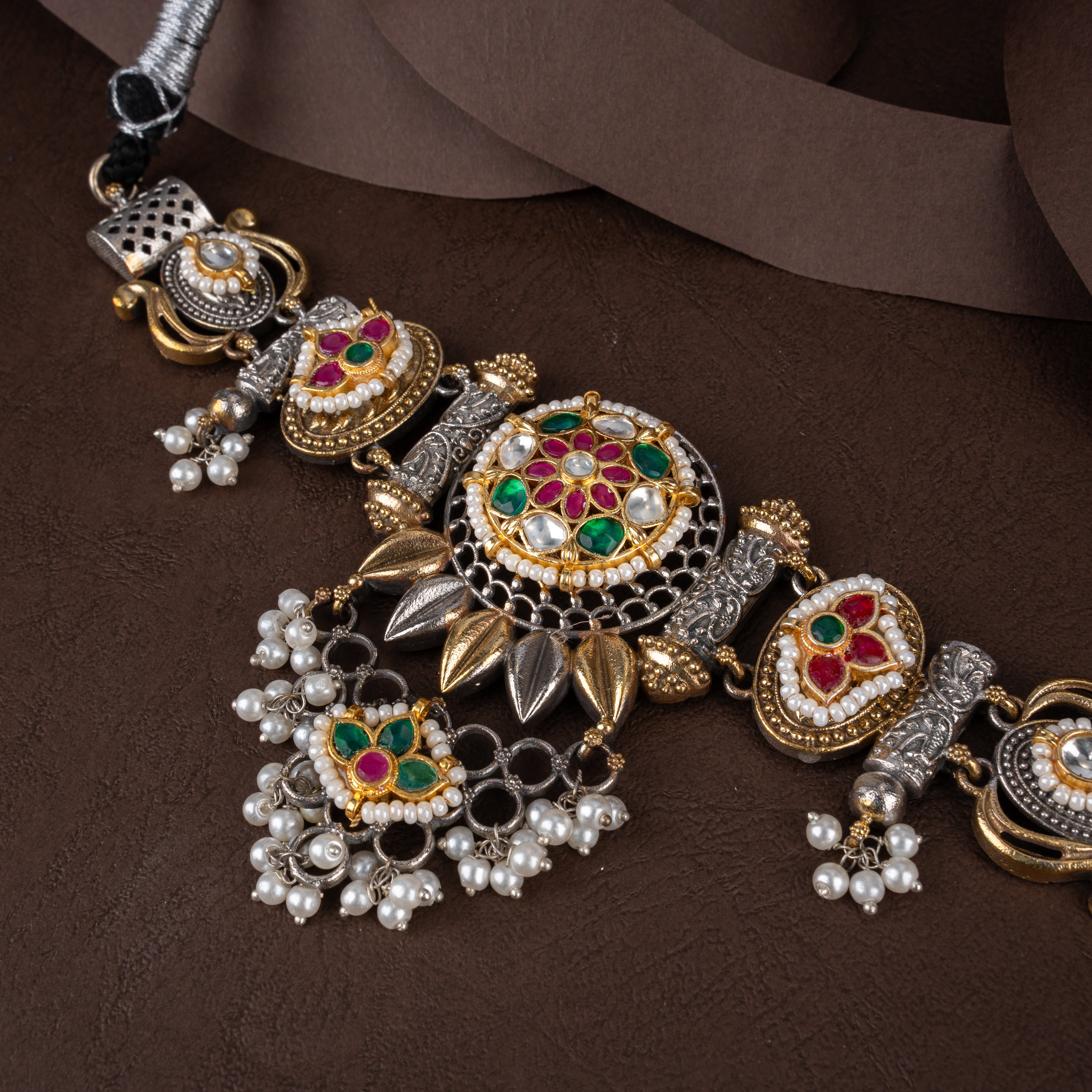 Dual-Tone Oxidised Silver Temple Choker Necklace Set with Kundan & Pearl Drops