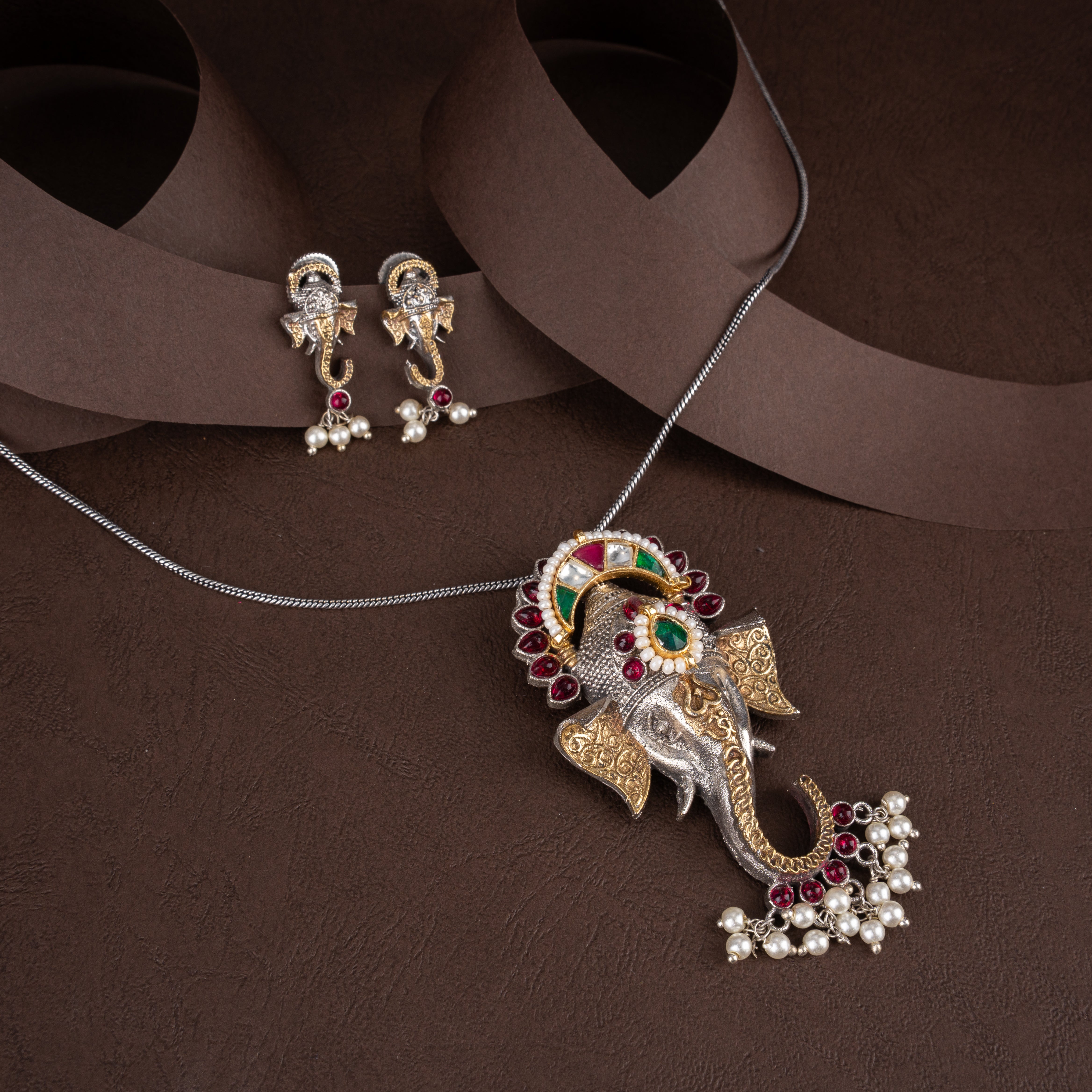 Dual-Tone Oxidised Silver Ganesha Pendant Chain Set with Matching Earrings