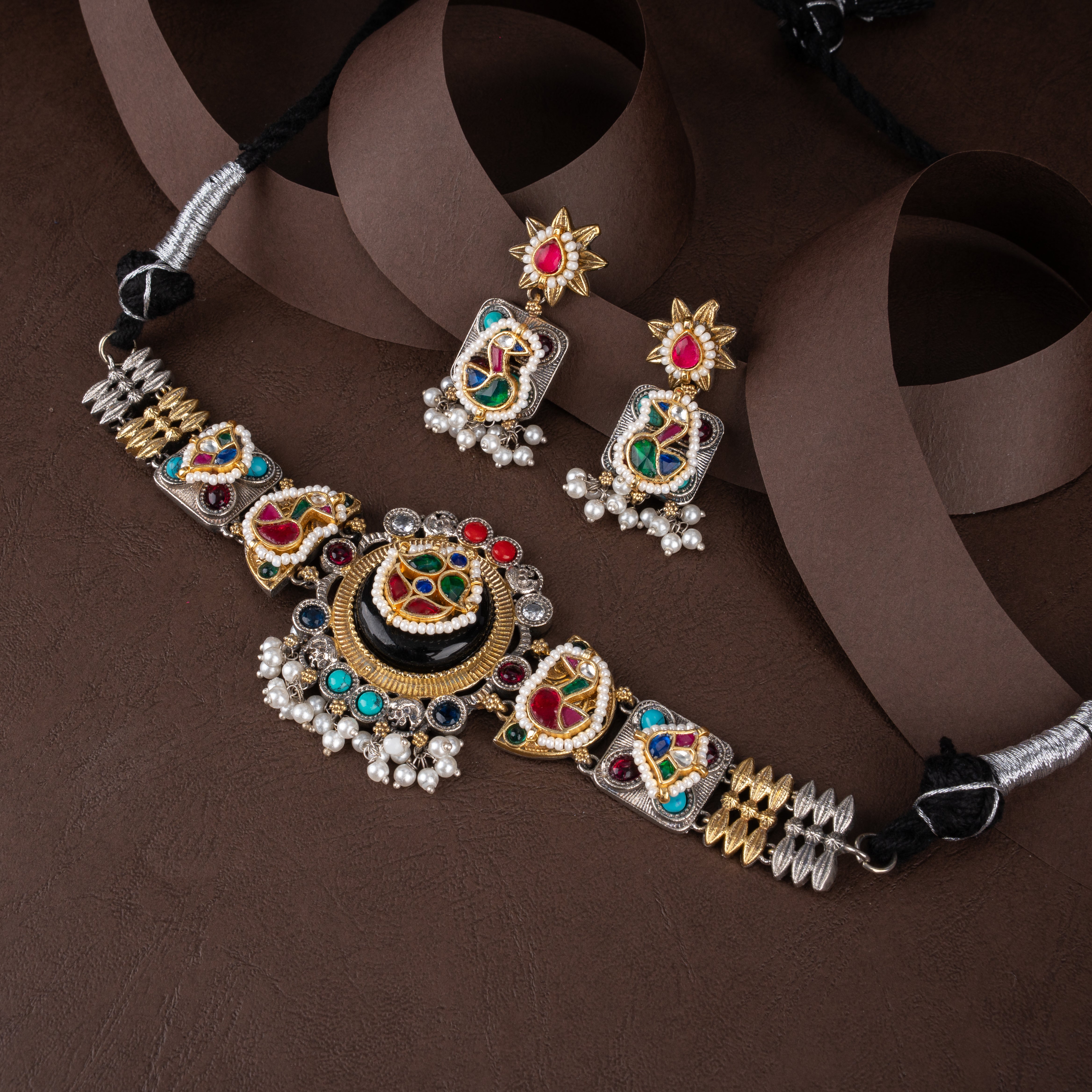 Dual-Tone Oxidised Silver Medallion Choker Necklace Set with Pearl Drops