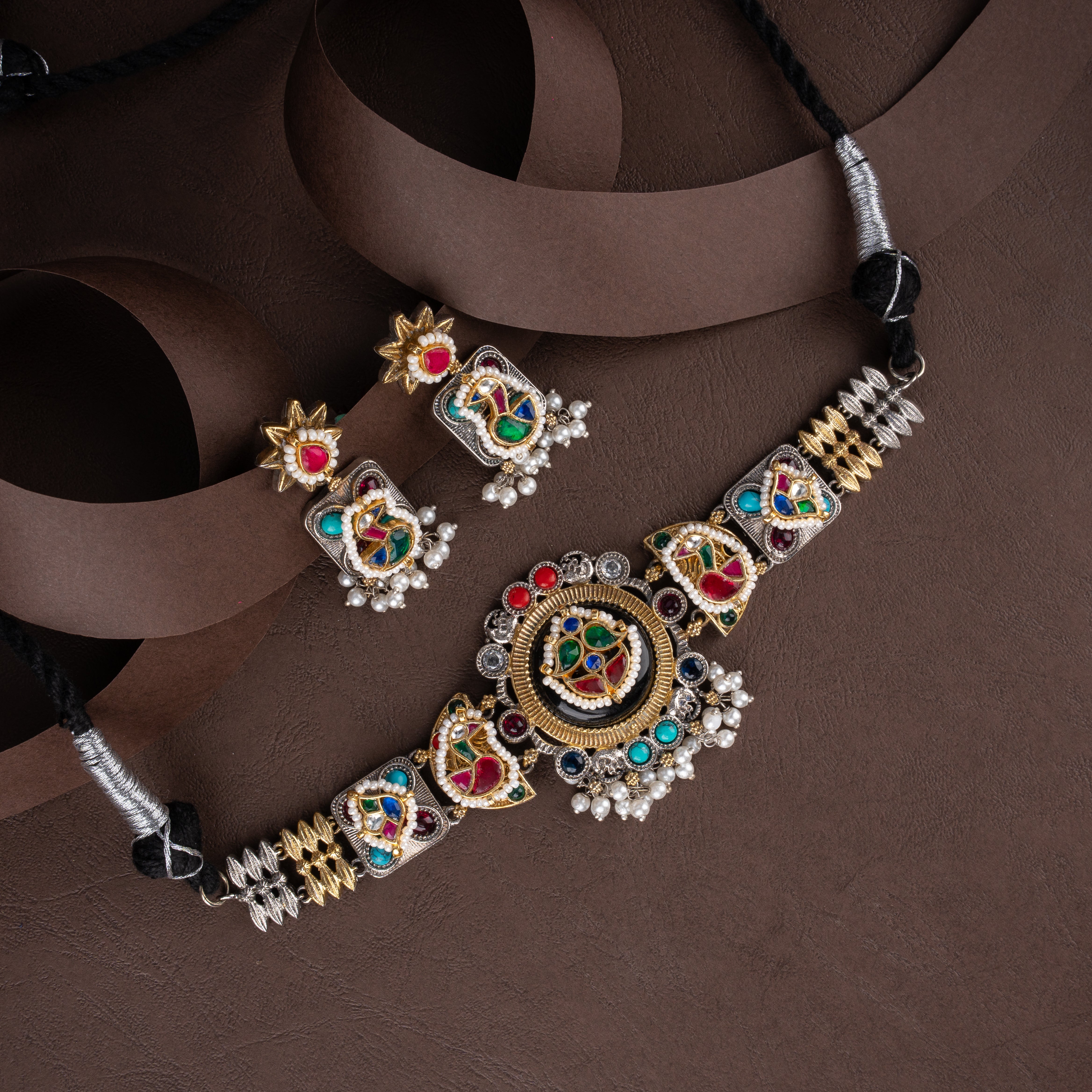 Dual-Tone Oxidised Silver Medallion Choker Necklace Set with Pearl Drops
