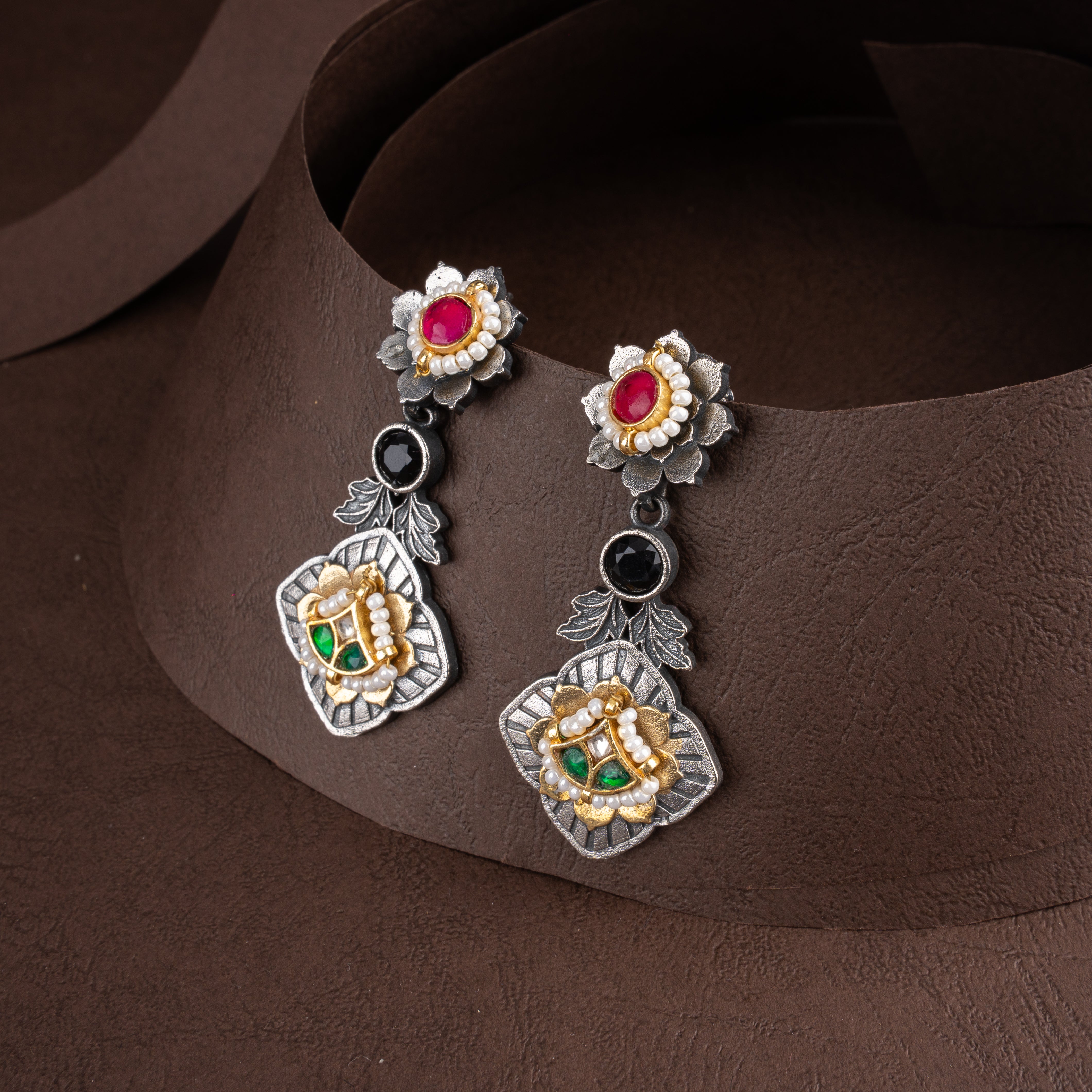 Dual-Tone Oxidised Silver Tribal Hasli Collar Necklace Set with Drop Earrings
