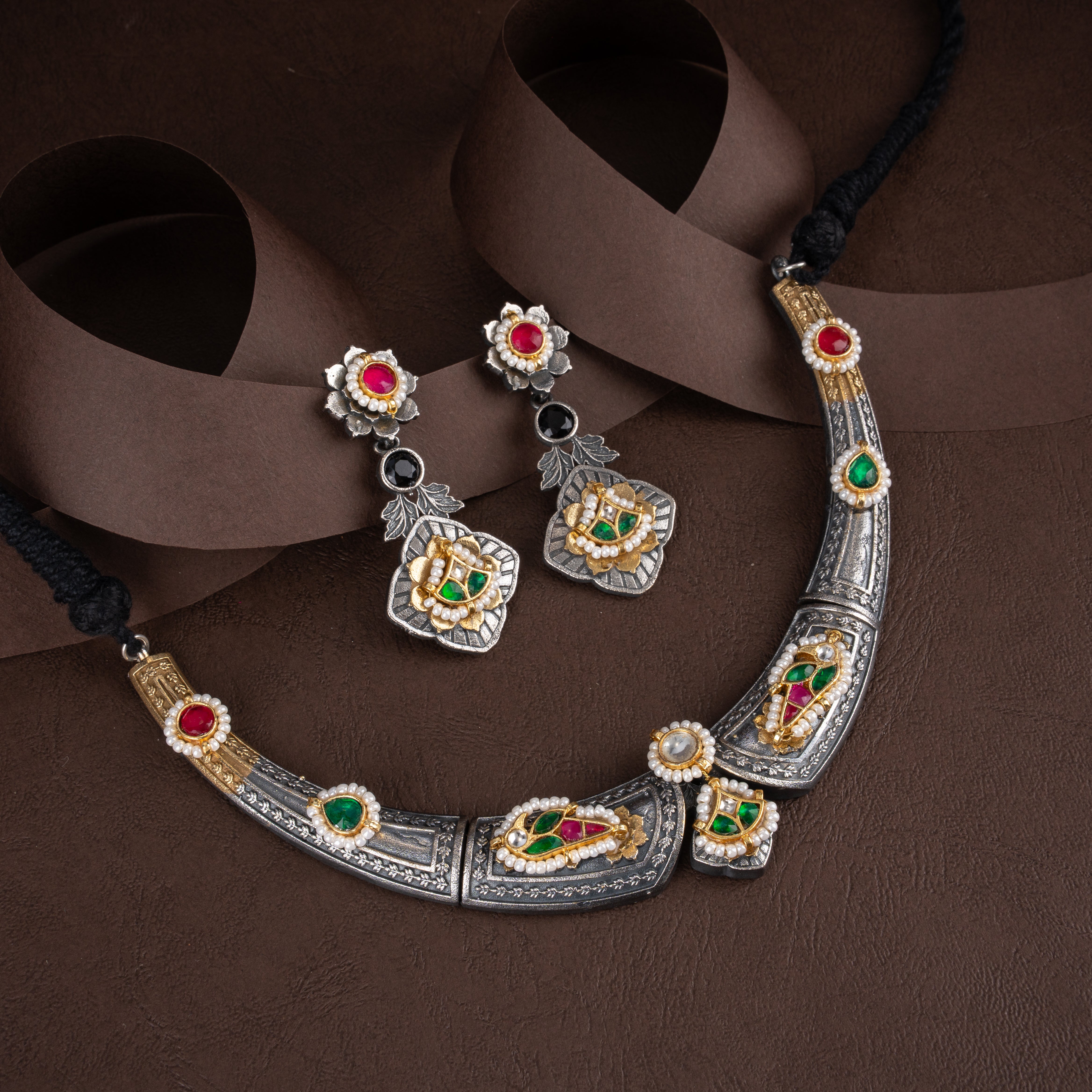 Dual-Tone Oxidised Silver Tribal Hasli Collar Necklace Set with Drop Earrings