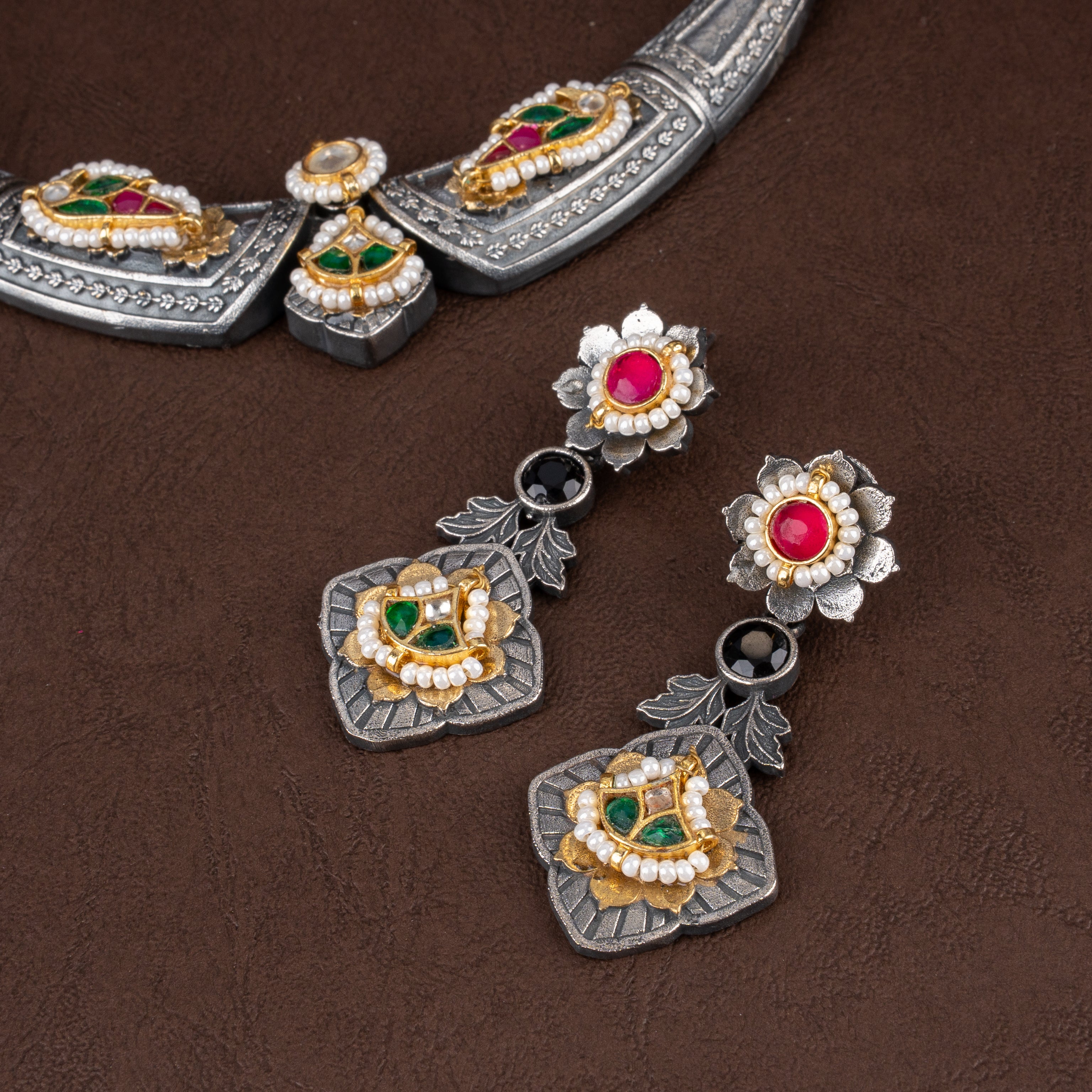 Dual-Tone Oxidised Silver Tribal Hasli Collar Necklace Set with Drop Earrings