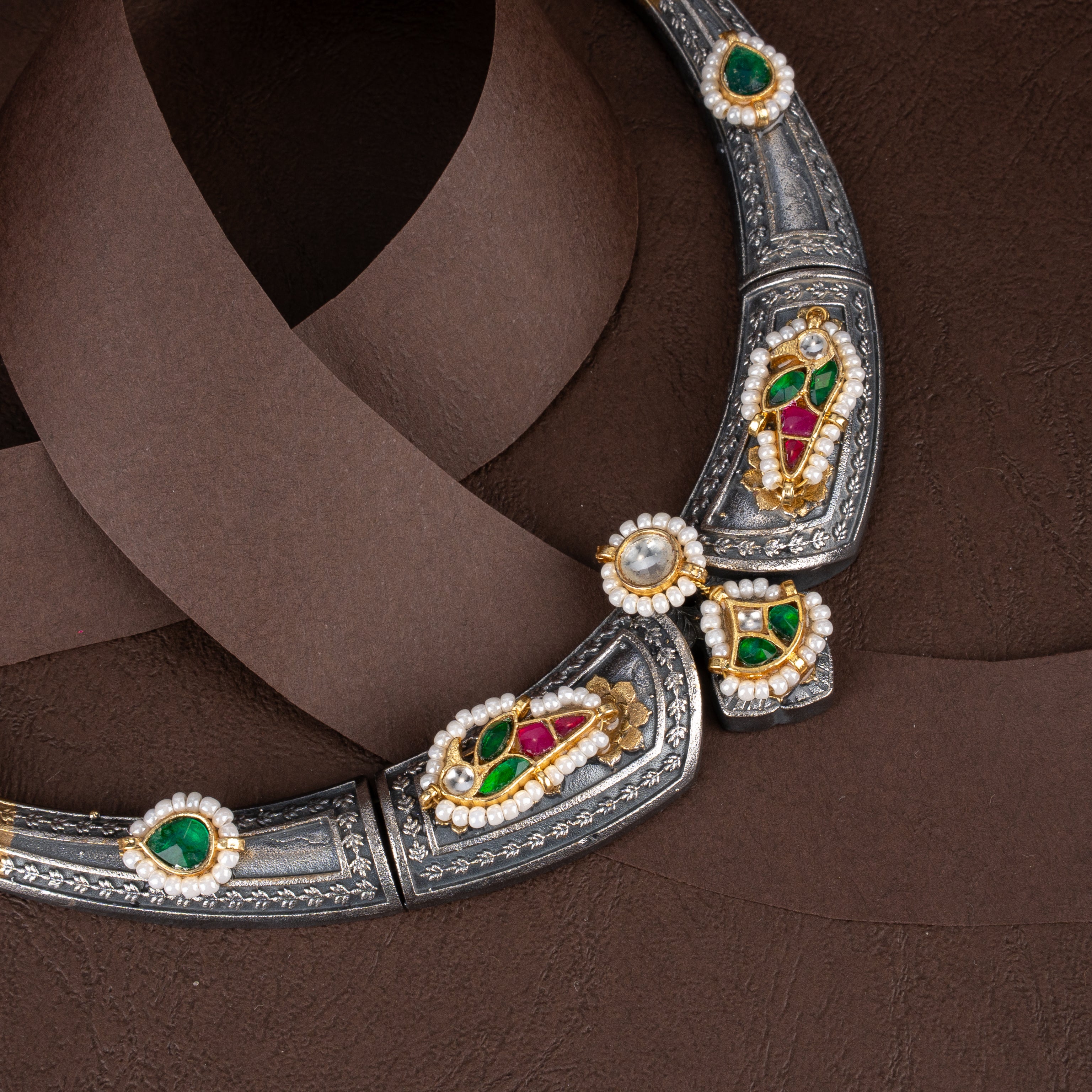 Dual-Tone Oxidised Silver Tribal Hasli Collar Necklace Set with Drop Earrings