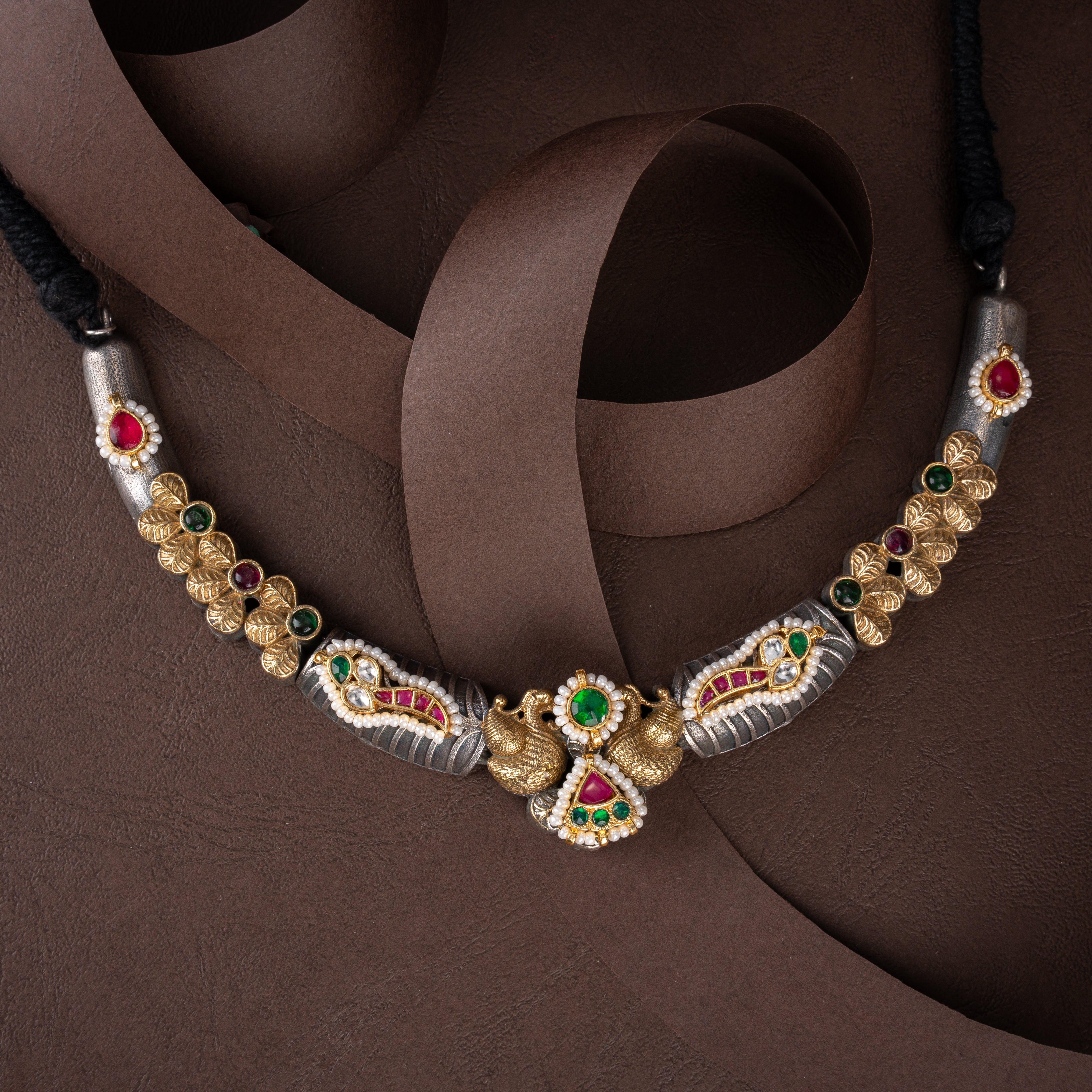 Dual-Tone Oxidised Silver Hasli Necklace Set with Studded Motif Accents
