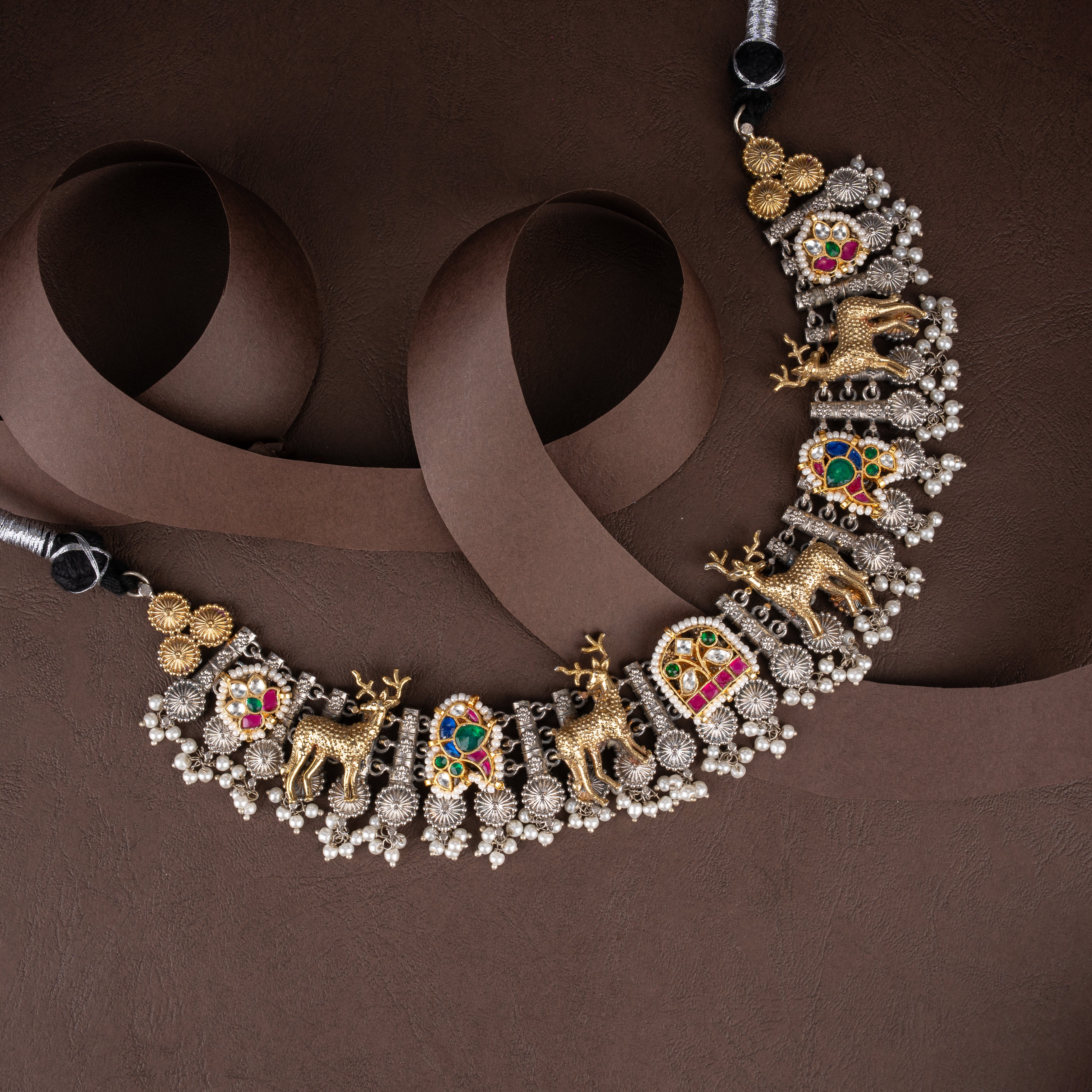 Dual-Tone Oxidised Silver Deer Motif Choker Necklace Set with Pearl Drops