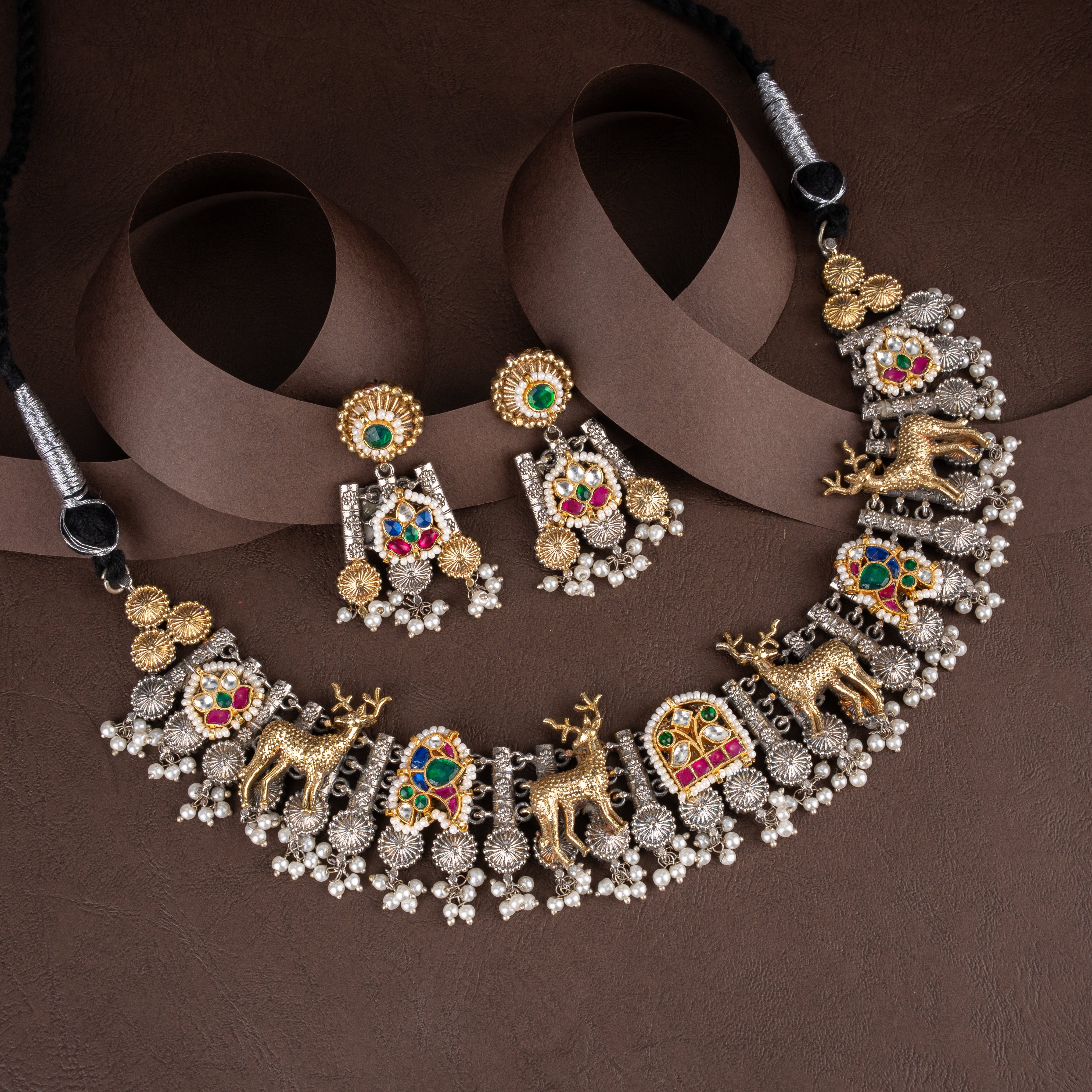 Dual-Tone Oxidised Silver Deer Motif Choker Necklace Set with Pearl Drops