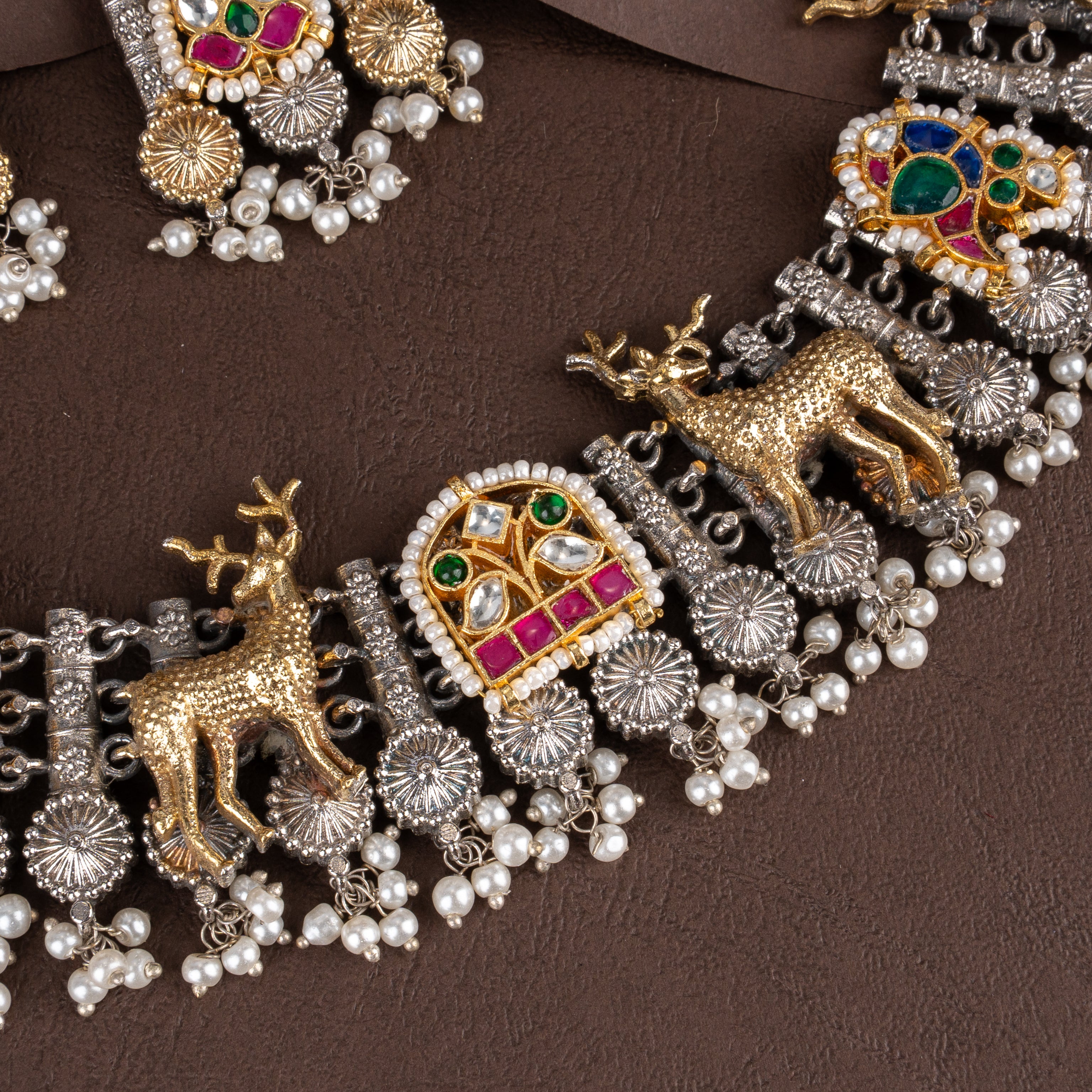 Dual-Tone Oxidised Silver Deer Motif Choker Necklace Set with Pearl Drops